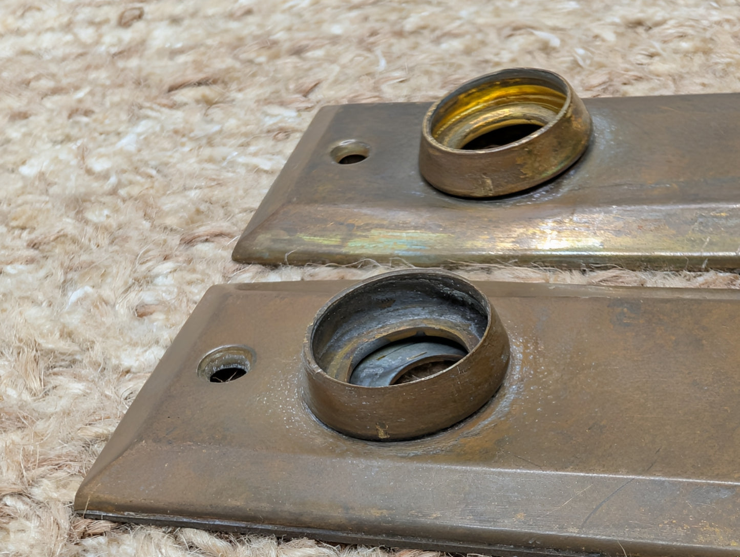 Pair 1 3/8" x 4" Antique Slide Lock Brass Door Knob Plates