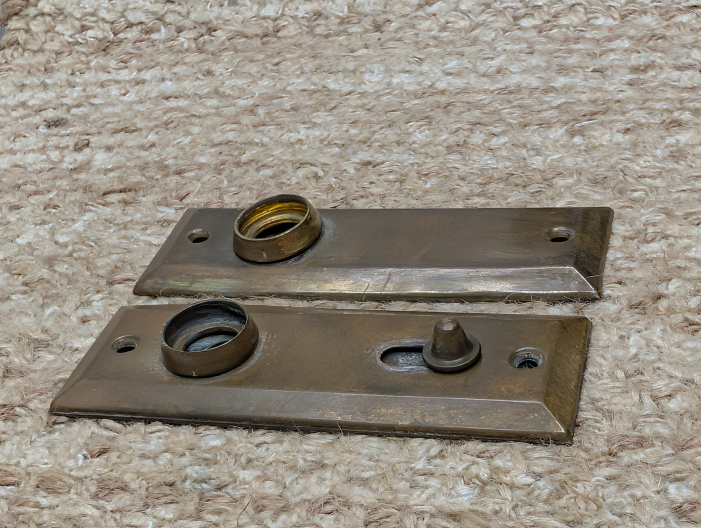 Pair 1 3/8" x 4" Antique Slide Lock Brass Door Knob Plates