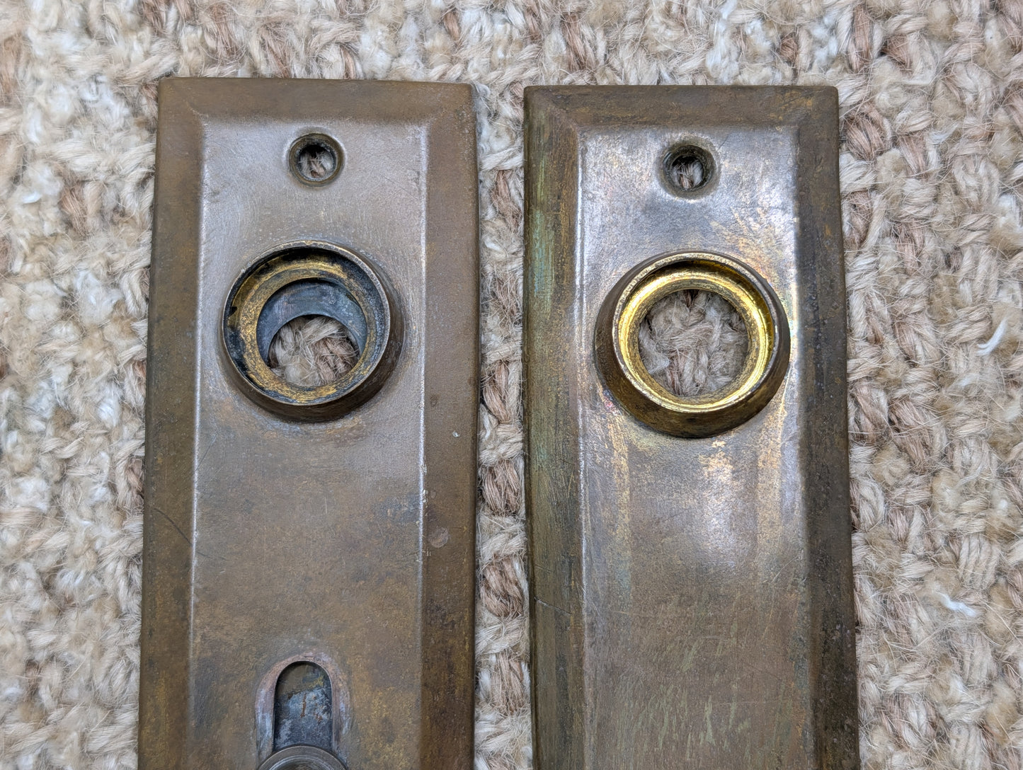 Pair 1 3/8" x 4" Antique Slide Lock Brass Door Knob Plates