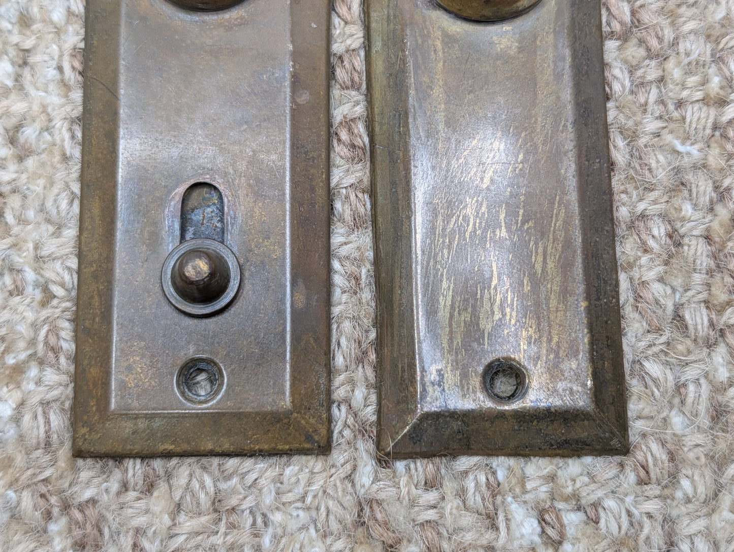 Pair 1 3/8" x 4" Antique Slide Lock Brass Door Knob Plates