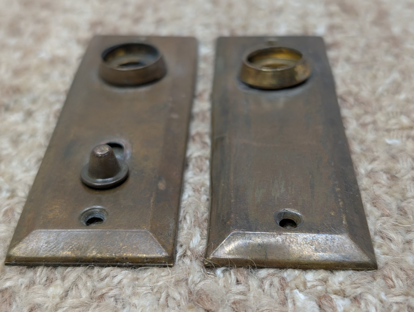 Pair 1 3/8" x 4" Antique Slide Lock Brass Door Knob Plates