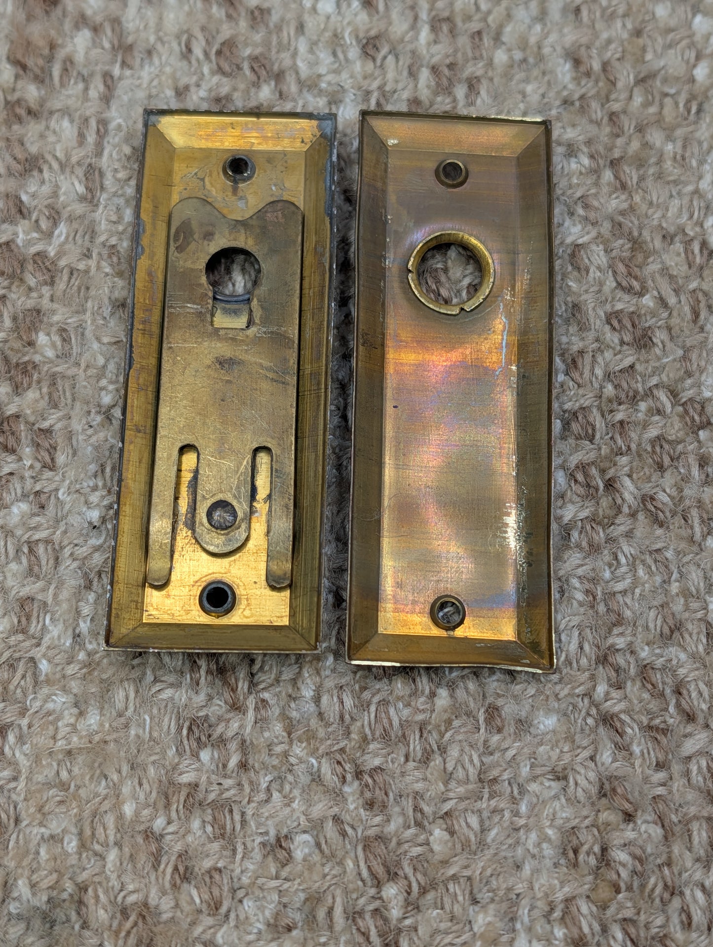 Pair 1 3/8" x 4" Antique Slide Lock Brass Door Knob Plates