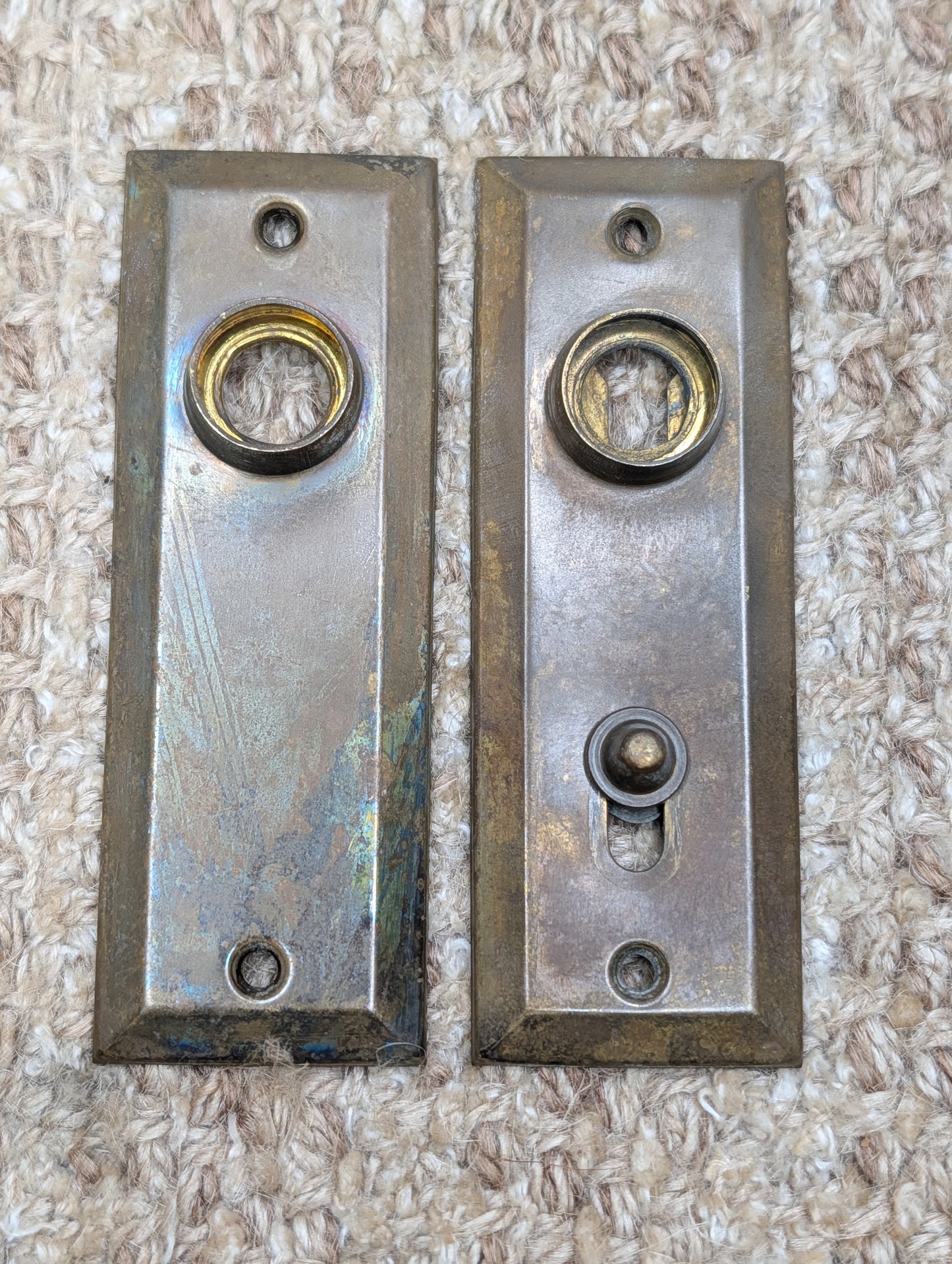 Pair 1 3/8" x 4" Antique Slide Lock Brass Door Knob Plates