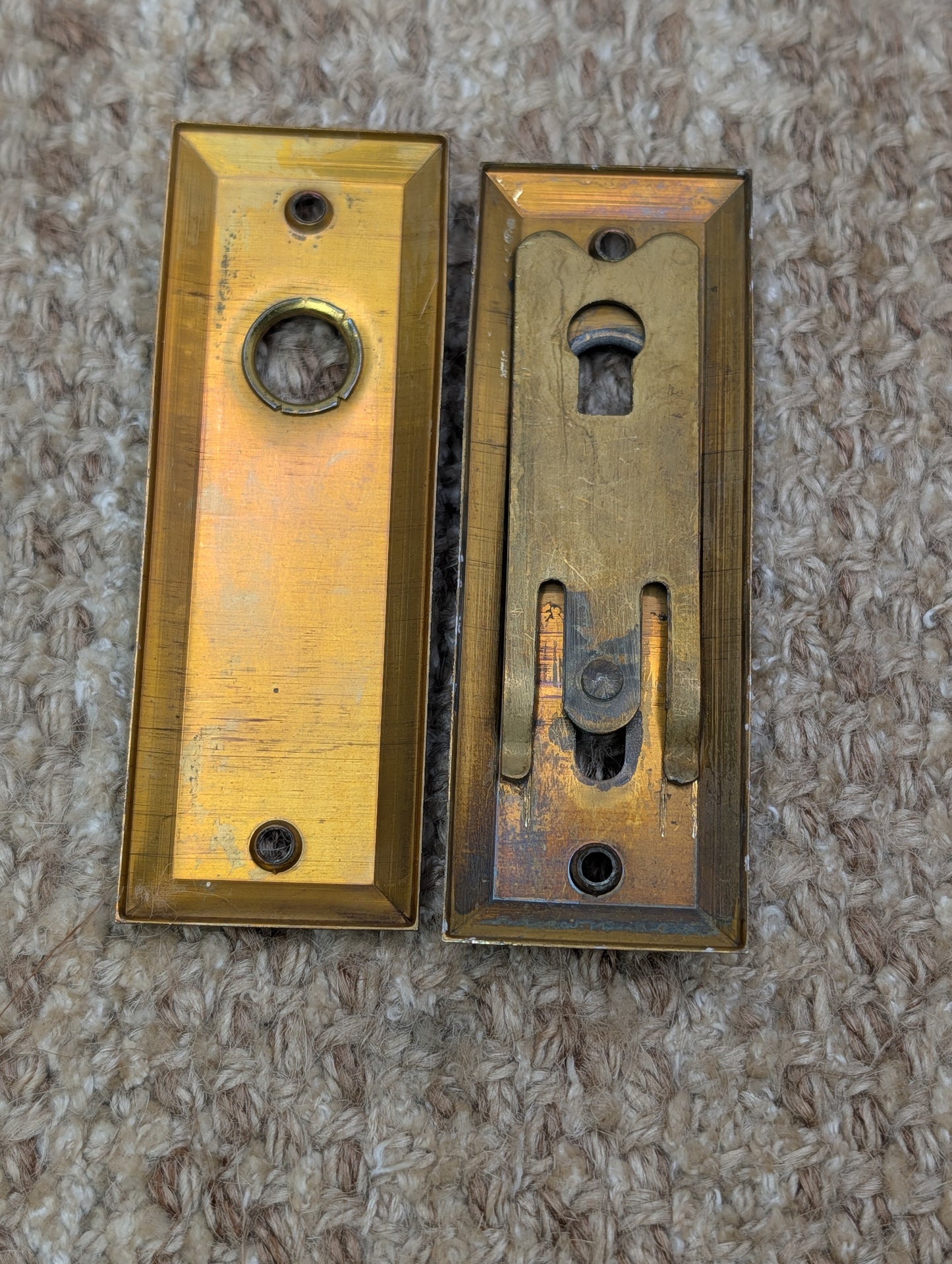 Pair 1 3/8" x 4" Antique Slide Lock Brass Door Knob Plates