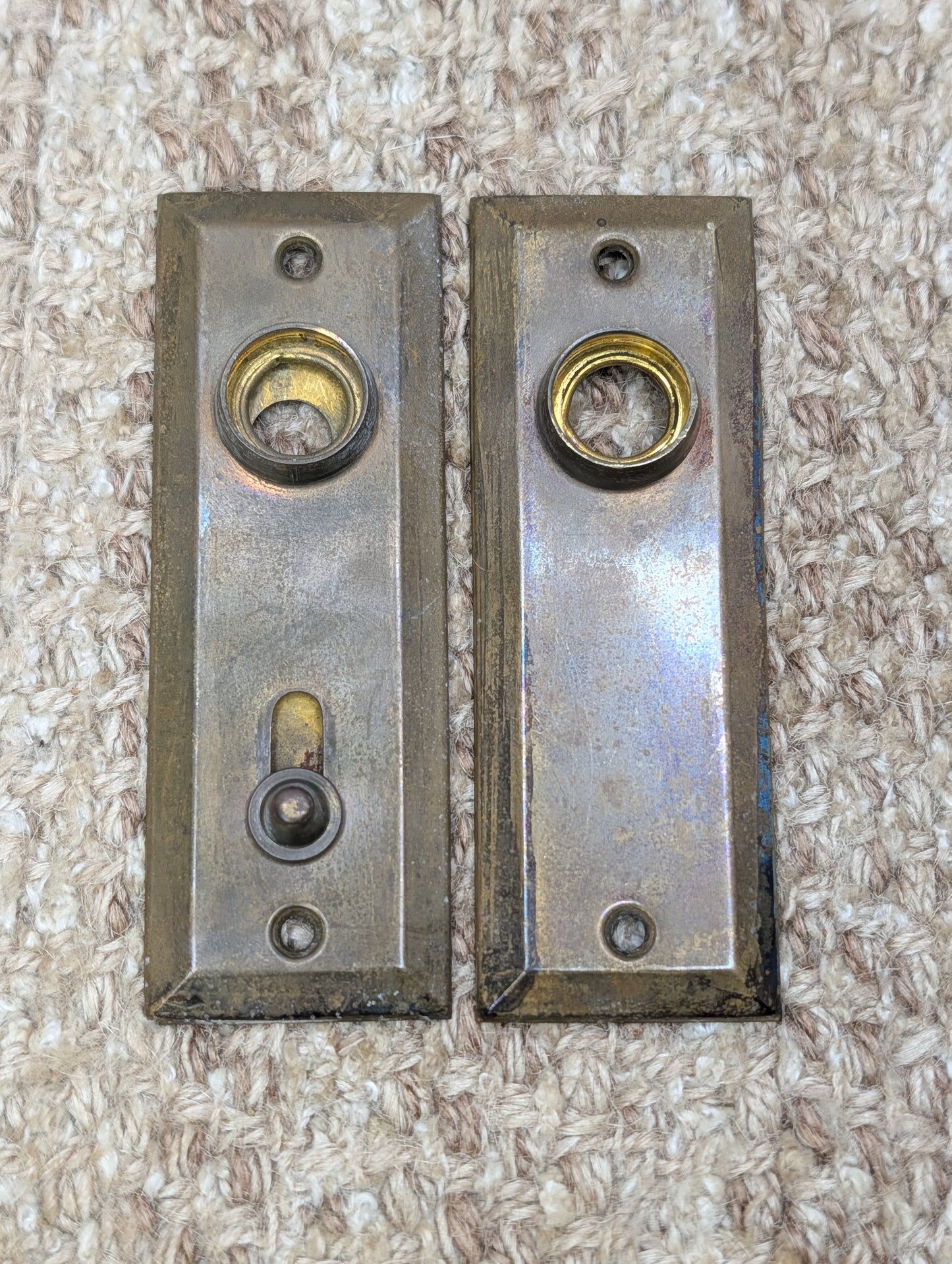 Pair 1 3/8" x 4" Antique Slide Lock Brass Door Knob Plates