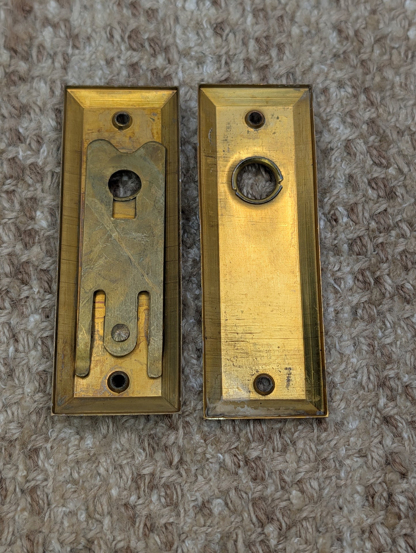 Pair 1 3/8" x 4" Antique Slide Lock Brass Door Knob Plates