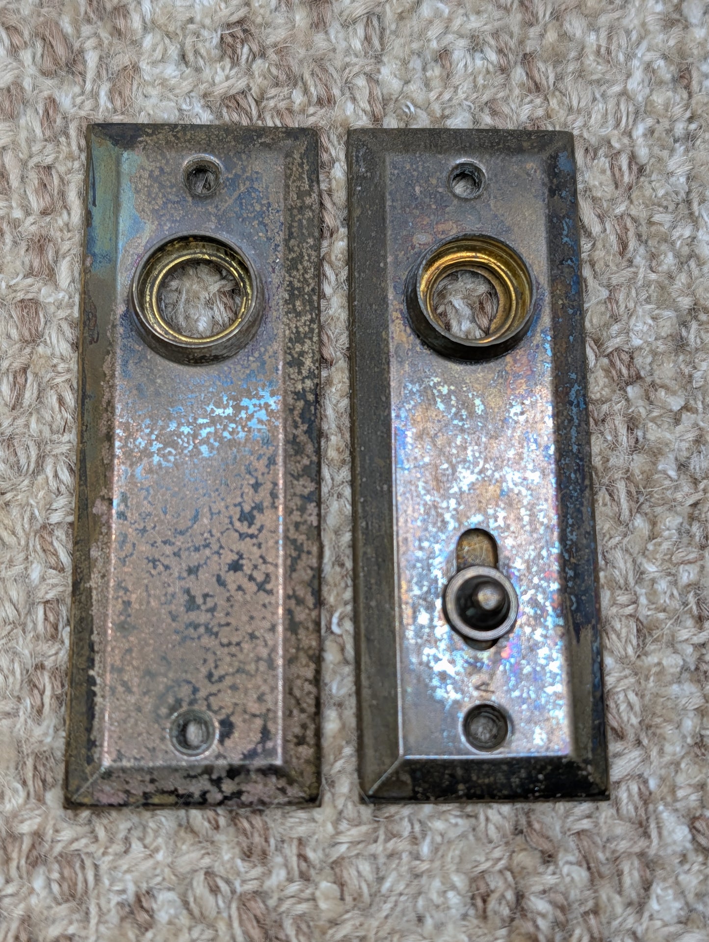 Pair 1 3/8" x 4" Antique Slide Lock Brass Door Knob Plates