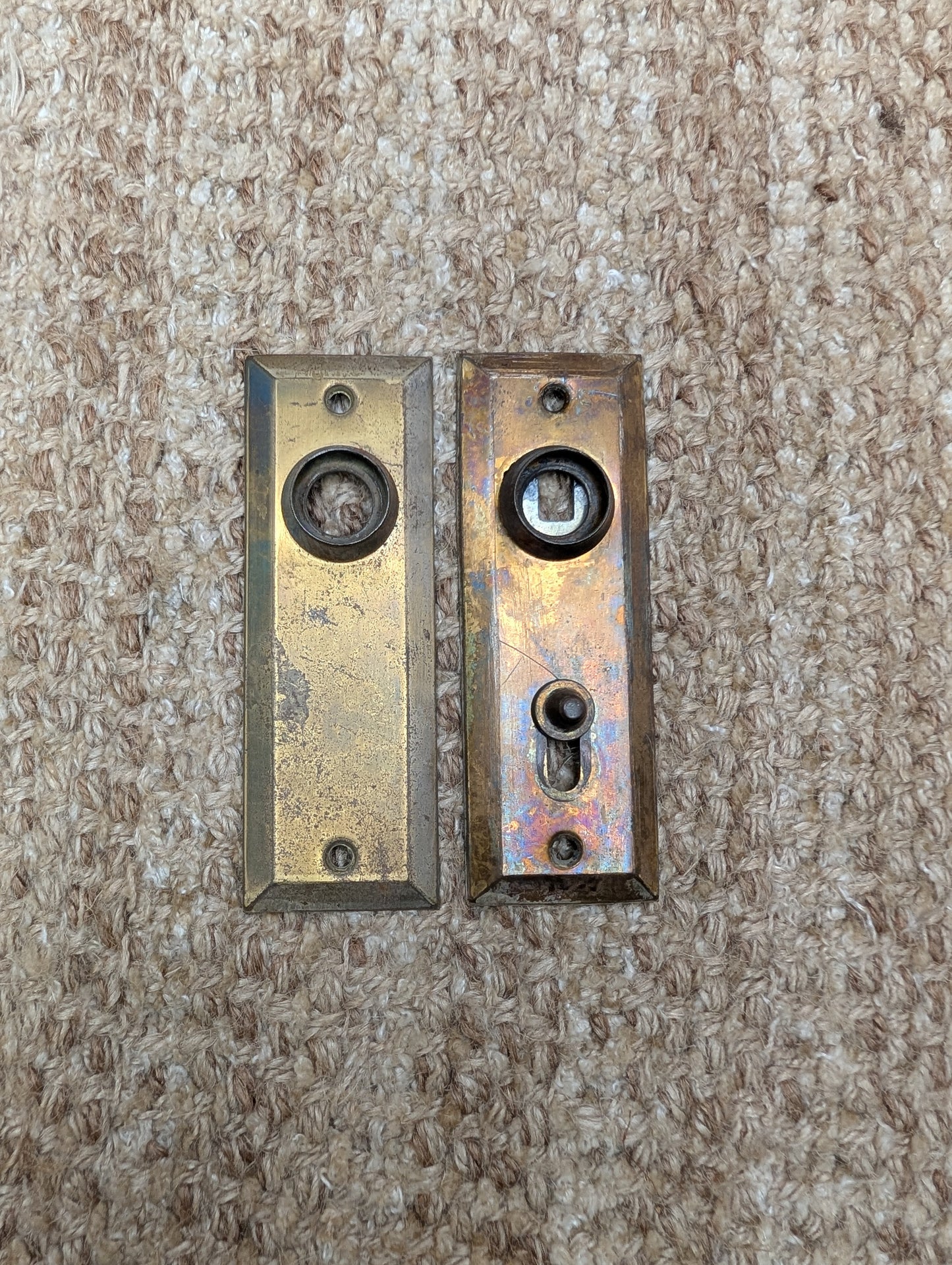 Pair 1 3/8" x 4" Antique Slide Lock Brass Plated Steel Door Knob Plates