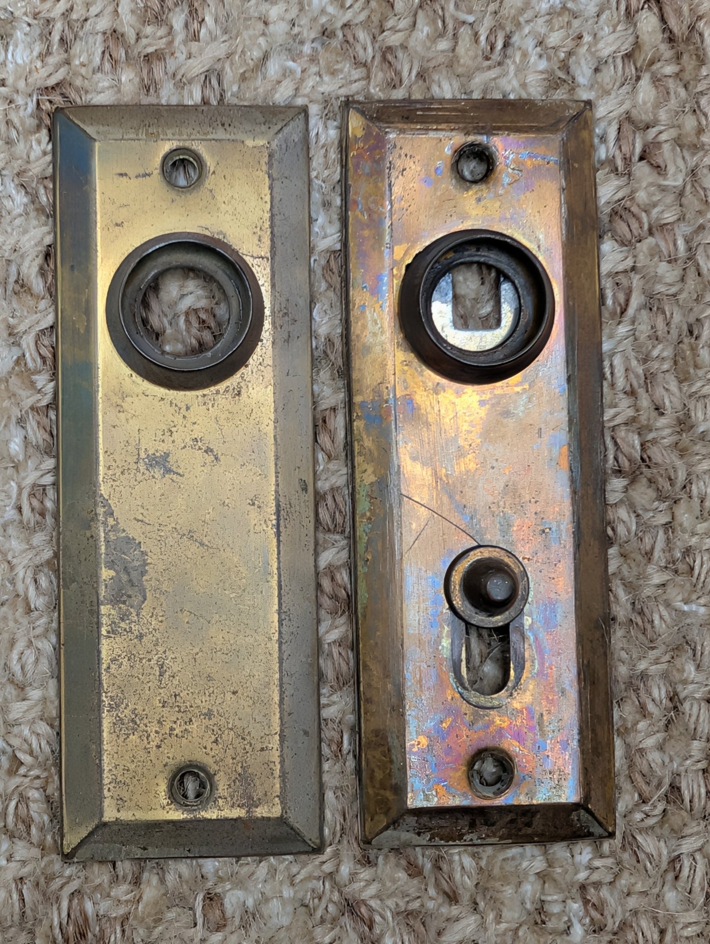 Pair 1 3/8" x 4" Antique Slide Lock Brass Plated Steel Door Knob Plates