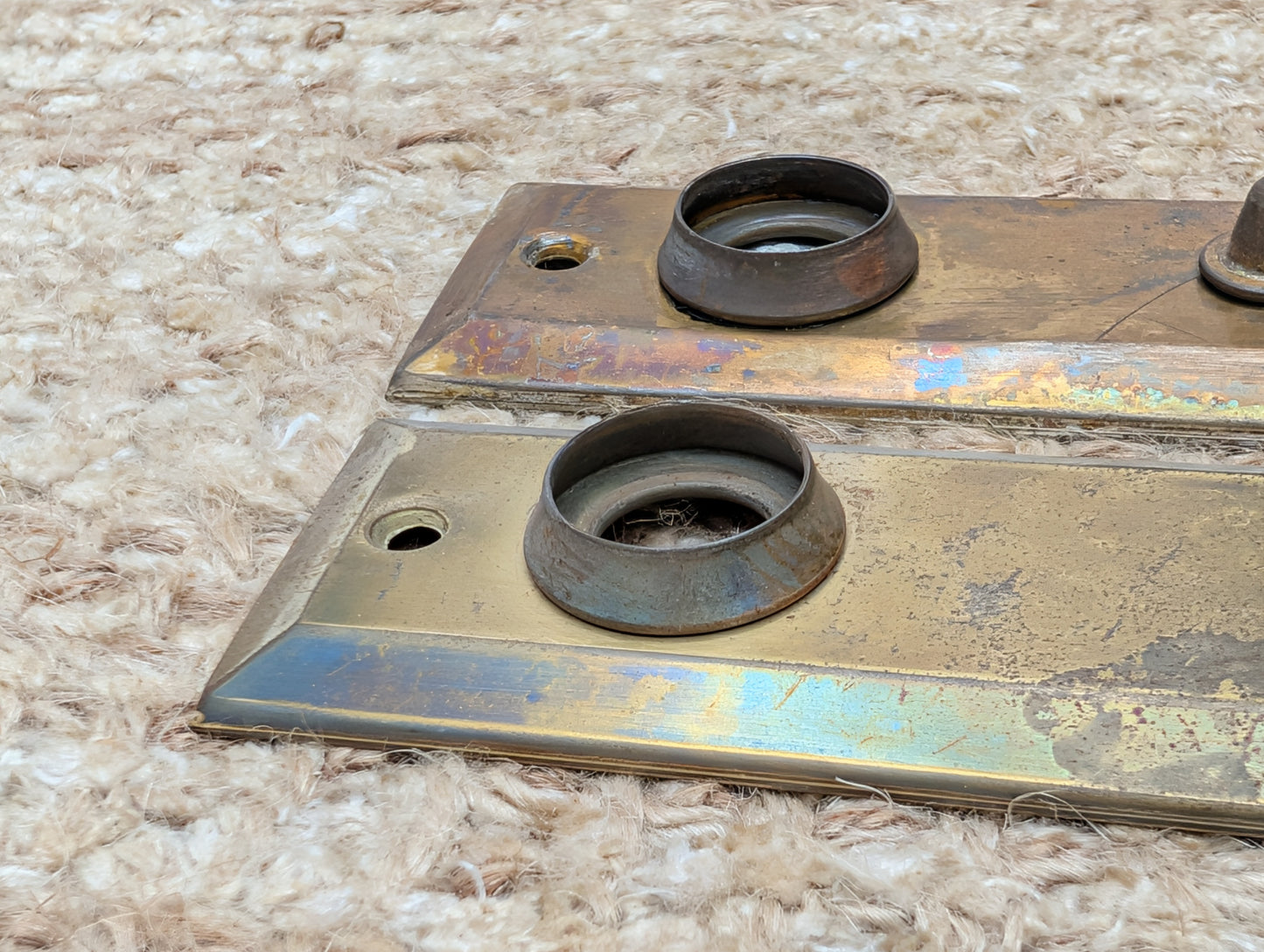 Pair 1 3/8" x 4" Antique Slide Lock Brass Plated Steel Door Knob Plates