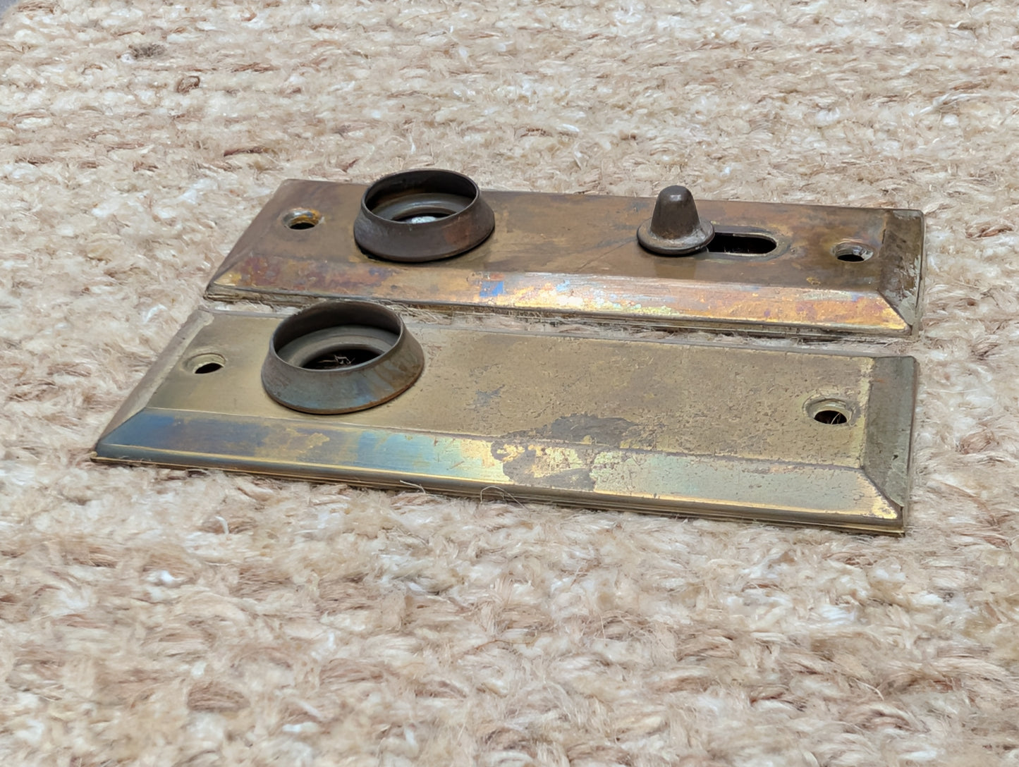 Pair 1 3/8" x 4" Antique Slide Lock Brass Plated Steel Door Knob Plates