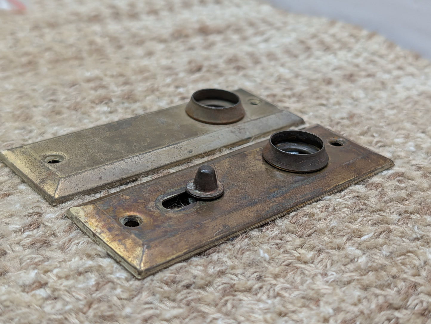 Pair 1 3/8" x 4" Antique Slide Lock Brass Plated Steel Door Knob Plates