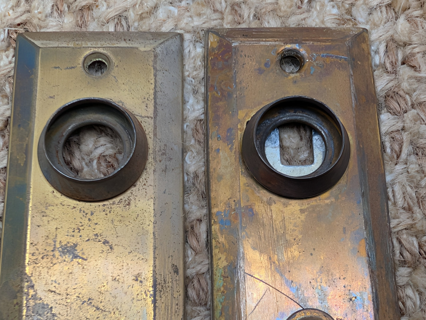 Pair 1 3/8" x 4" Antique Slide Lock Brass Plated Steel Door Knob Plates