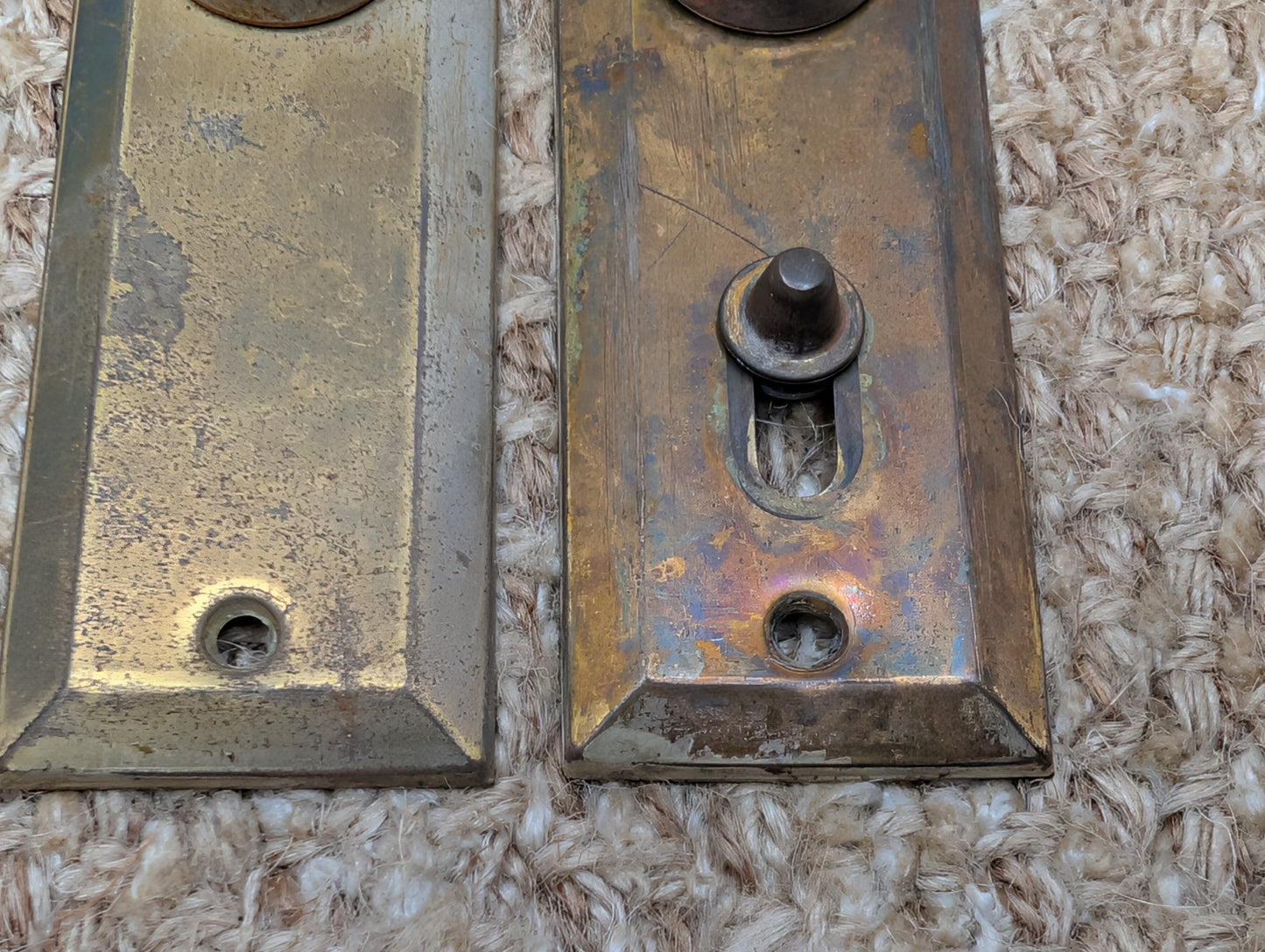 Pair 1 3/8" x 4" Antique Slide Lock Brass Plated Steel Door Knob Plates