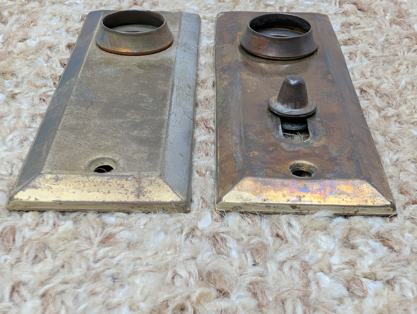 Pair 1 3/8" x 4" Antique Slide Lock Brass Plated Steel Door Knob Plates