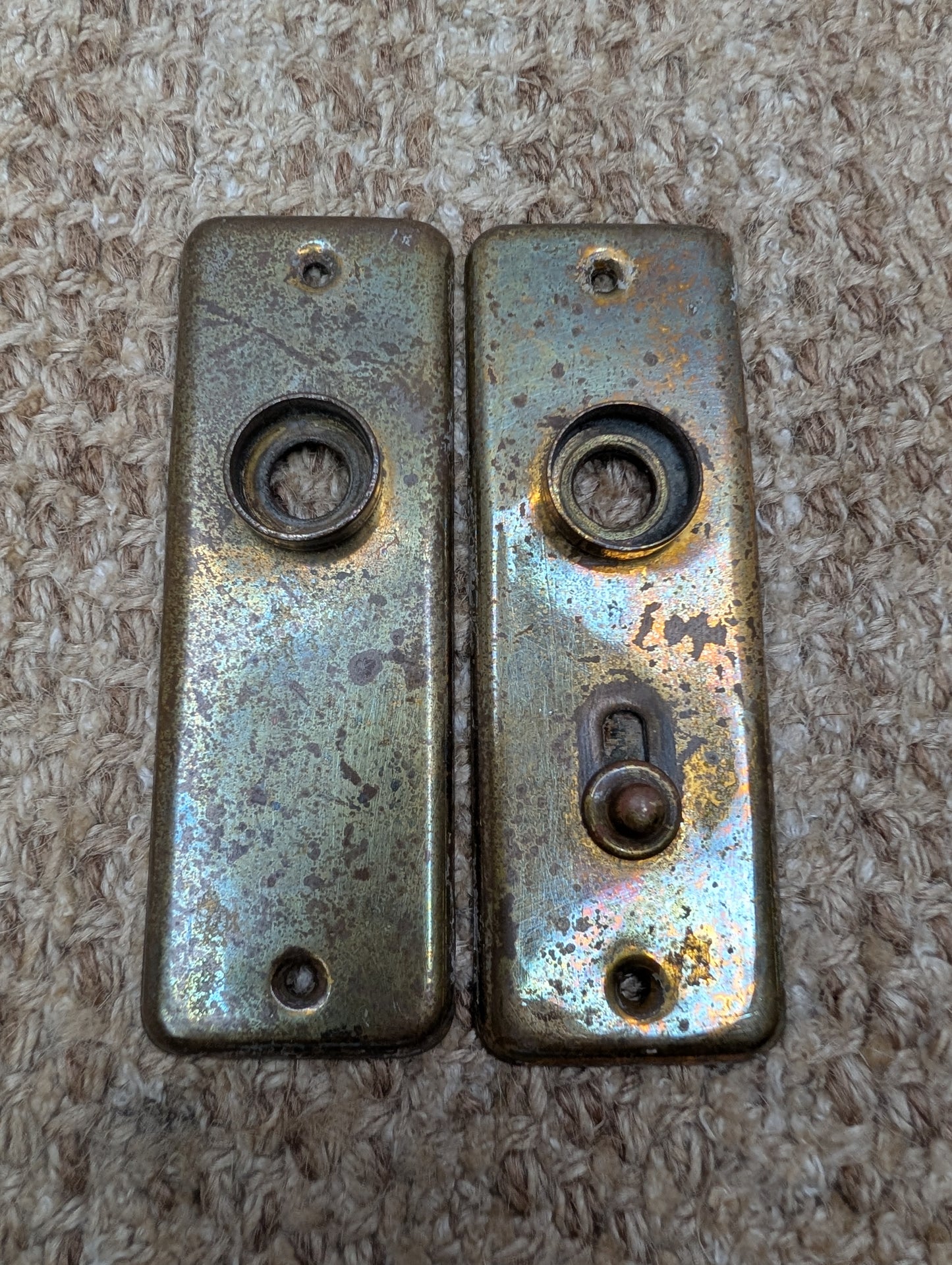 Pair 1 1/2" x 4 1/2" Antique Slide Lock Brass Door Knob Plates