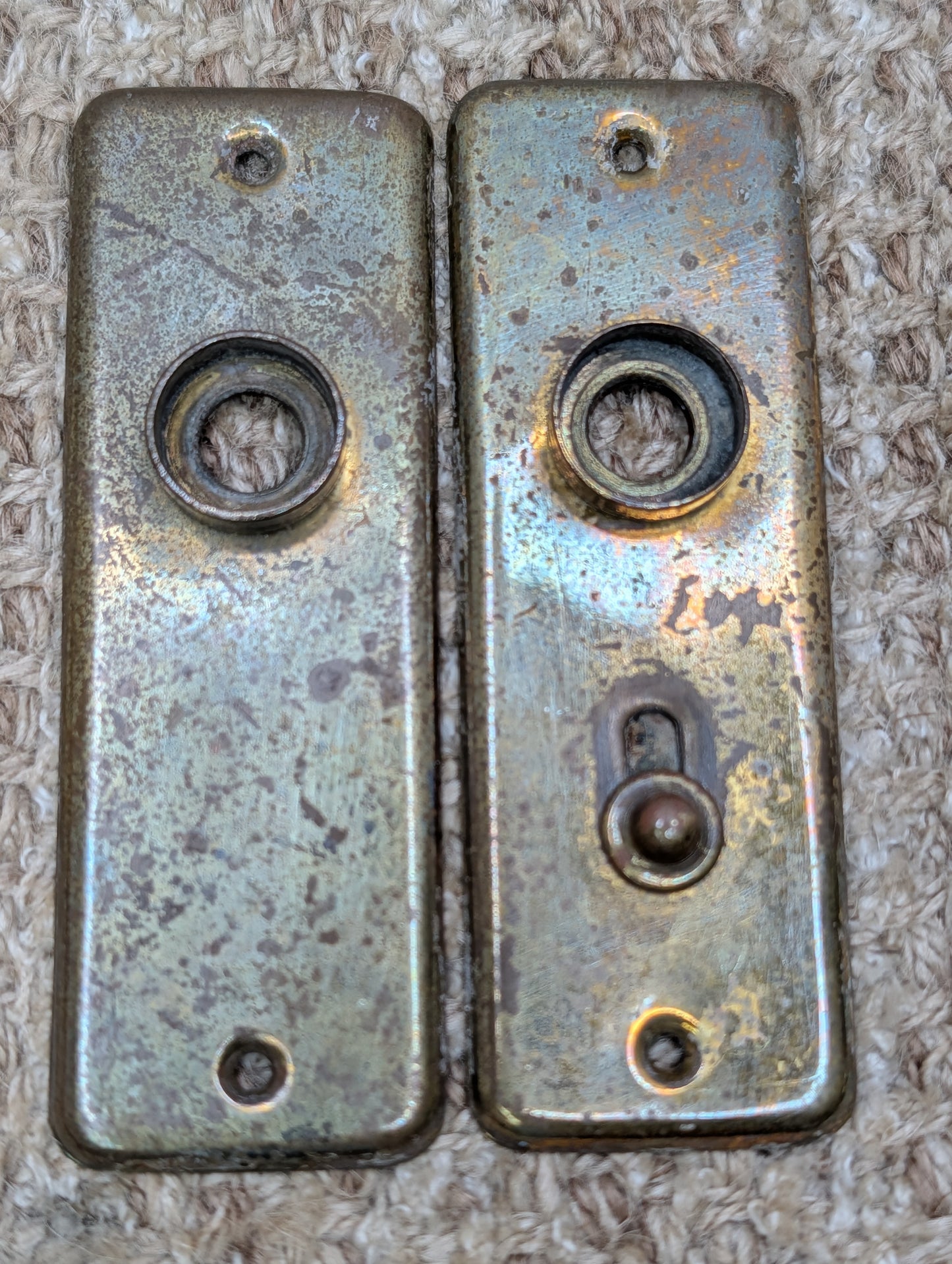 Pair 1 1/2" x 4 1/2" Antique Slide Lock Brass Door Knob Plates