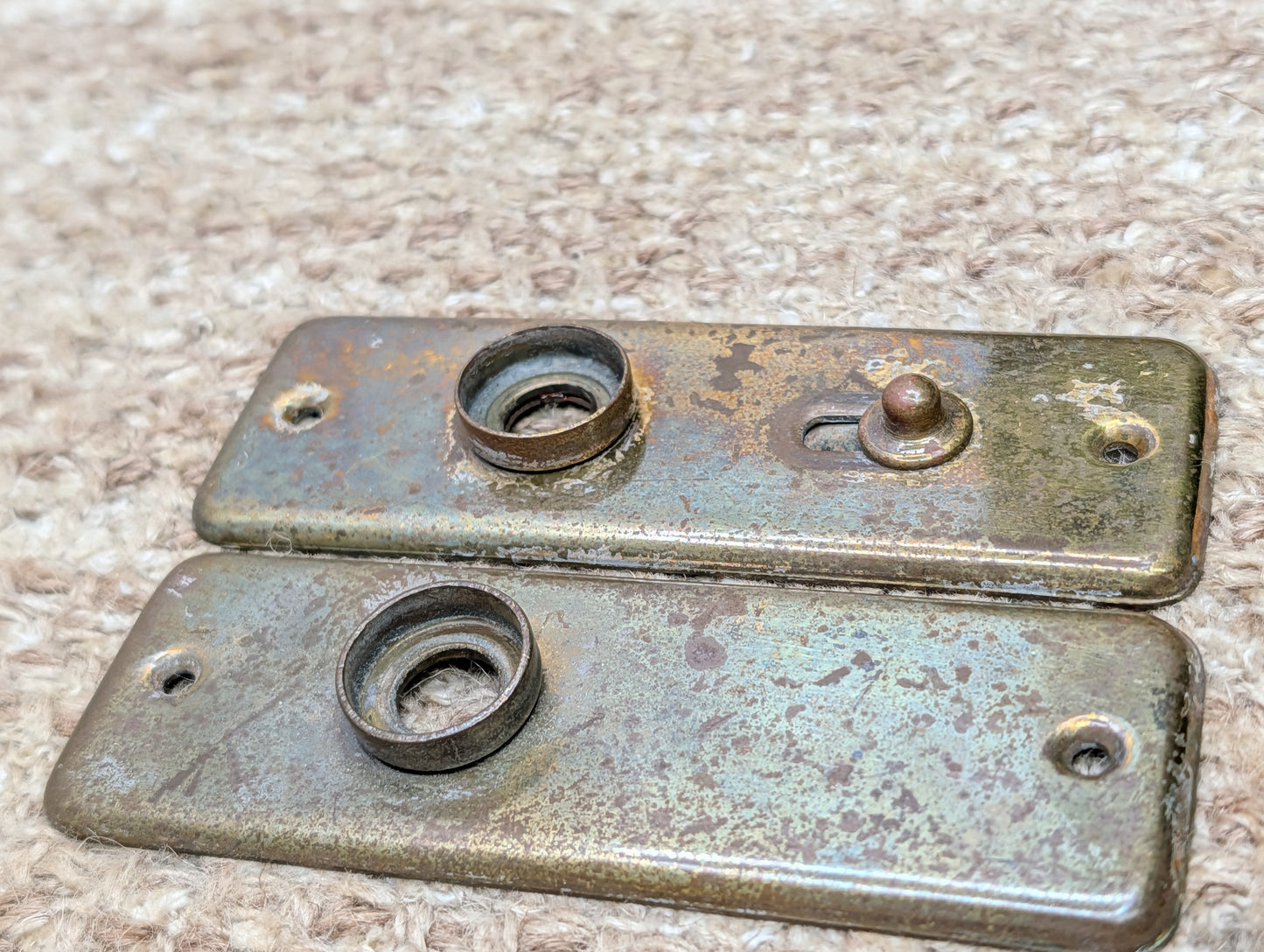 Pair 1 1/2" x 4 1/2" Antique Slide Lock Brass Door Knob Plates