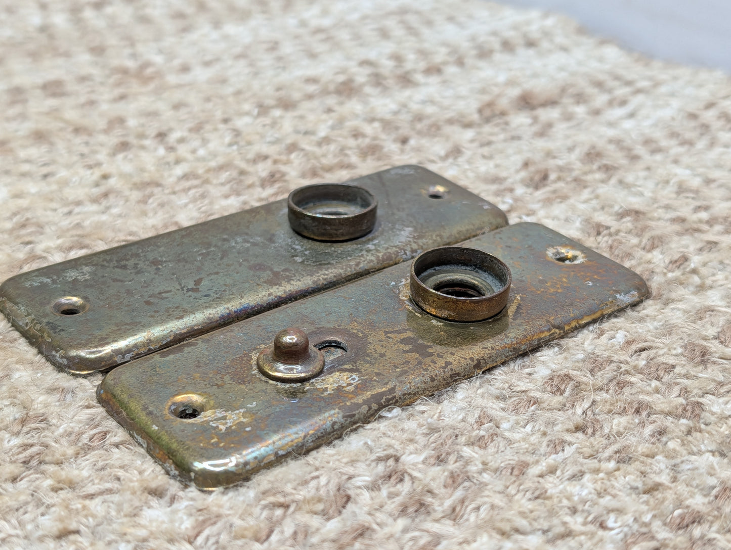 Pair 1 1/2" x 4 1/2" Antique Slide Lock Brass Door Knob Plates