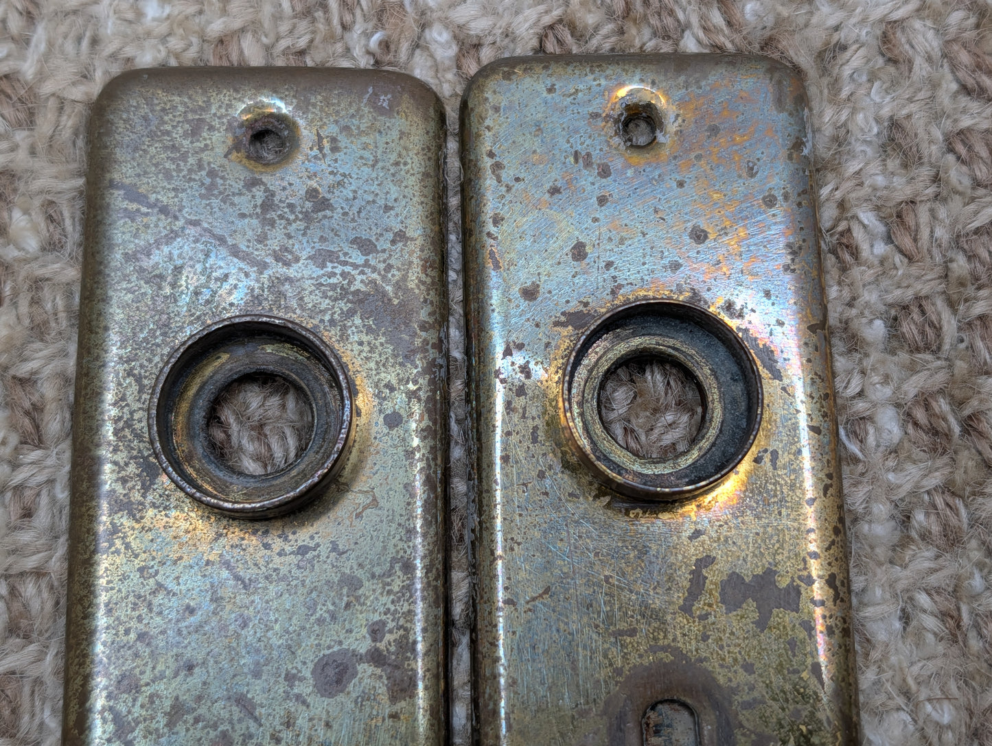 Pair 1 1/2" x 4 1/2" Antique Slide Lock Brass Door Knob Plates