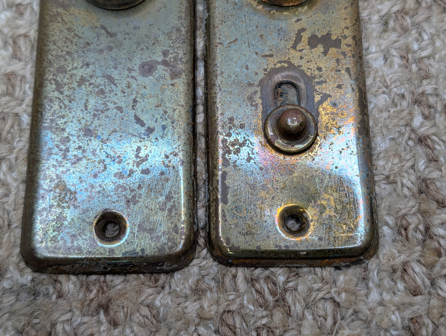 Pair 1 1/2" x 4 1/2" Antique Slide Lock Brass Door Knob Plates