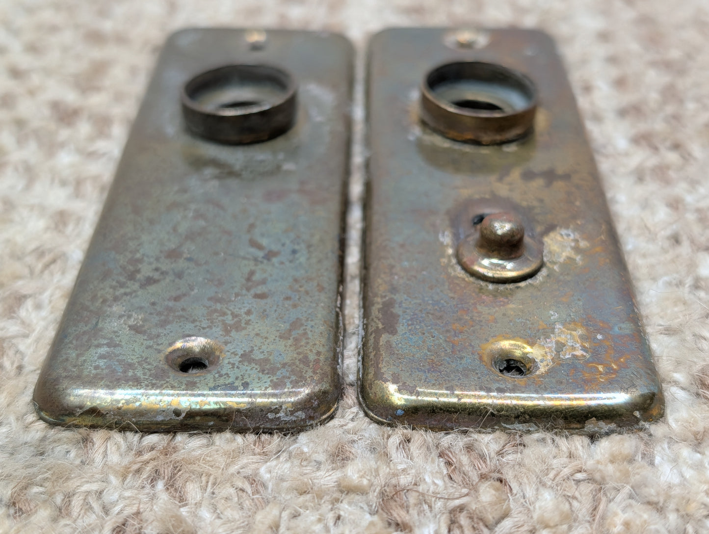 Pair 1 1/2" x 4 1/2" Antique Slide Lock Brass Door Knob Plates