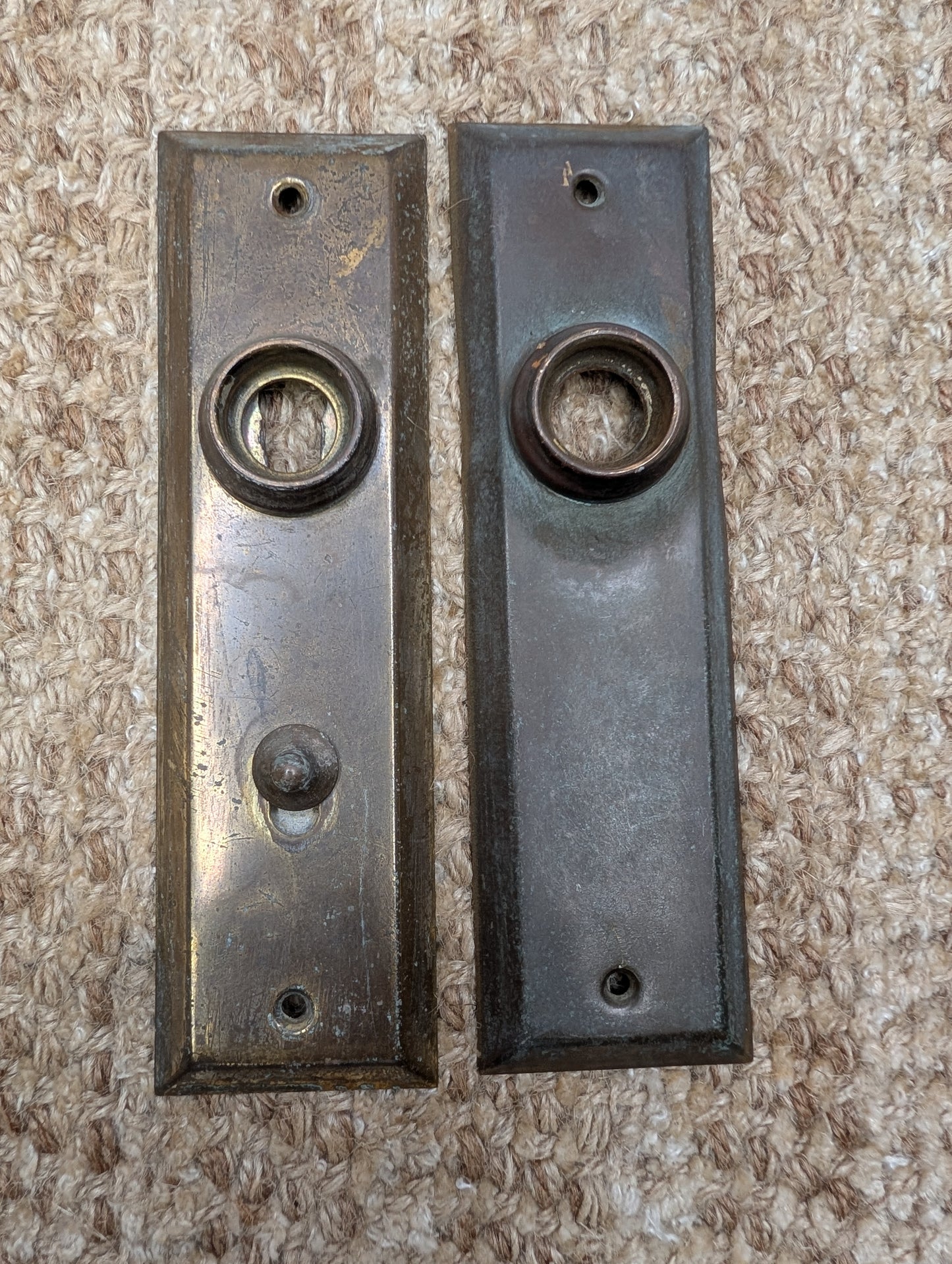 Pair 1 5/8" x 5 7/8" Antique Slide Lock Brass Door Knob Plates