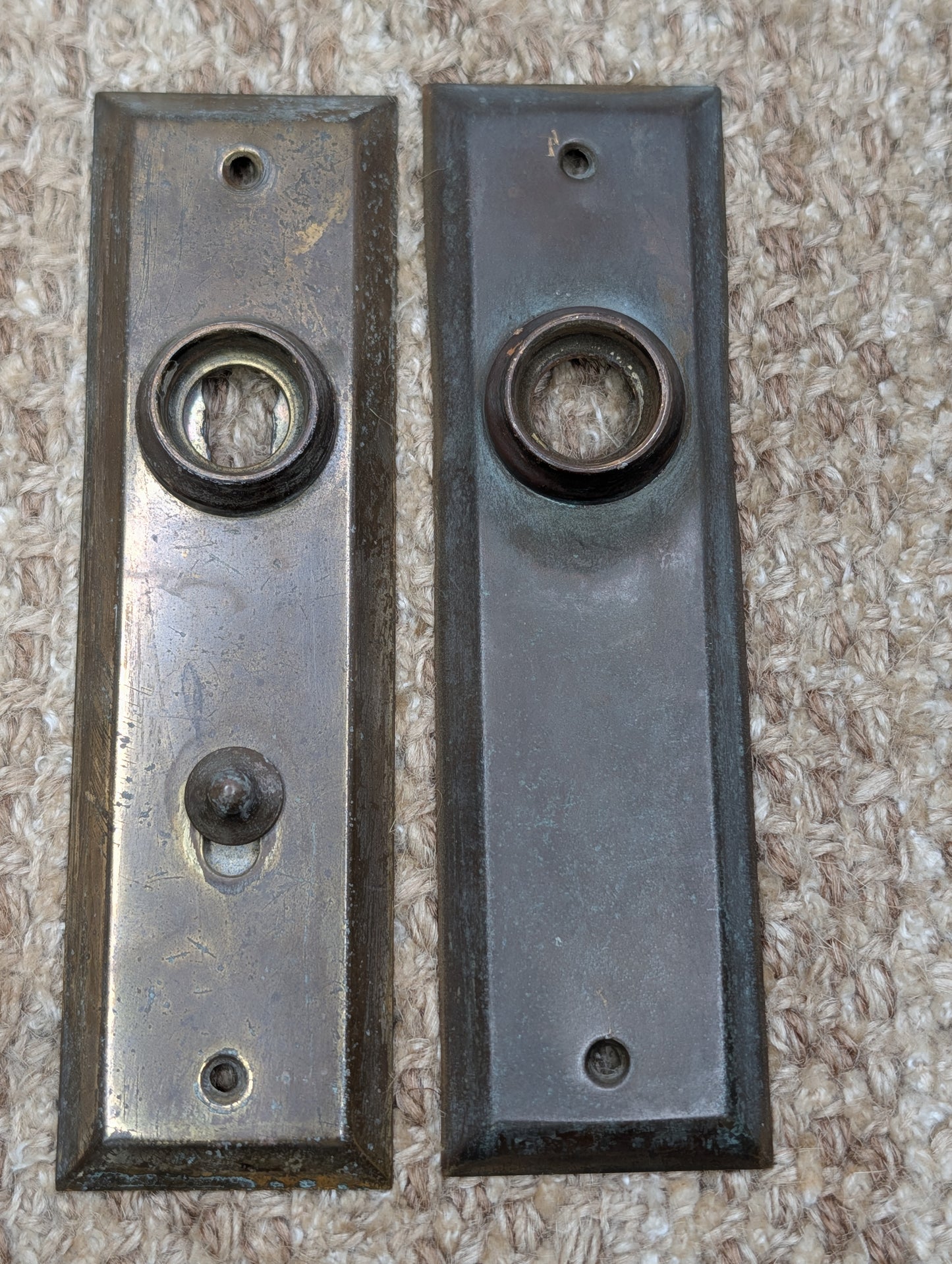 Pair 1 5/8" x 5 7/8" Antique Slide Lock Brass Door Knob Plates