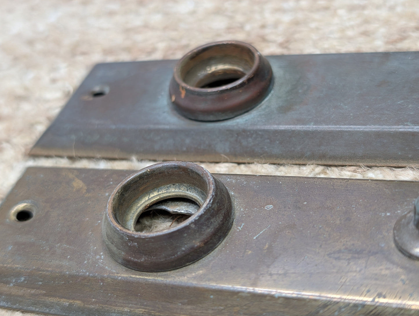 Pair 1 5/8" x 5 7/8" Antique Slide Lock Brass Door Knob Plates