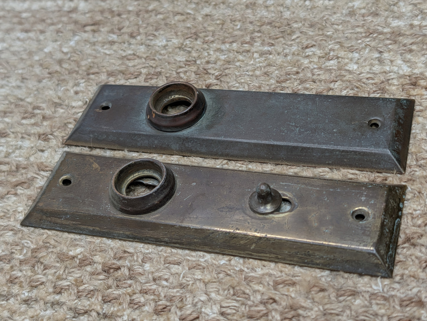 Pair 1 5/8" x 5 7/8" Antique Slide Lock Brass Door Knob Plates