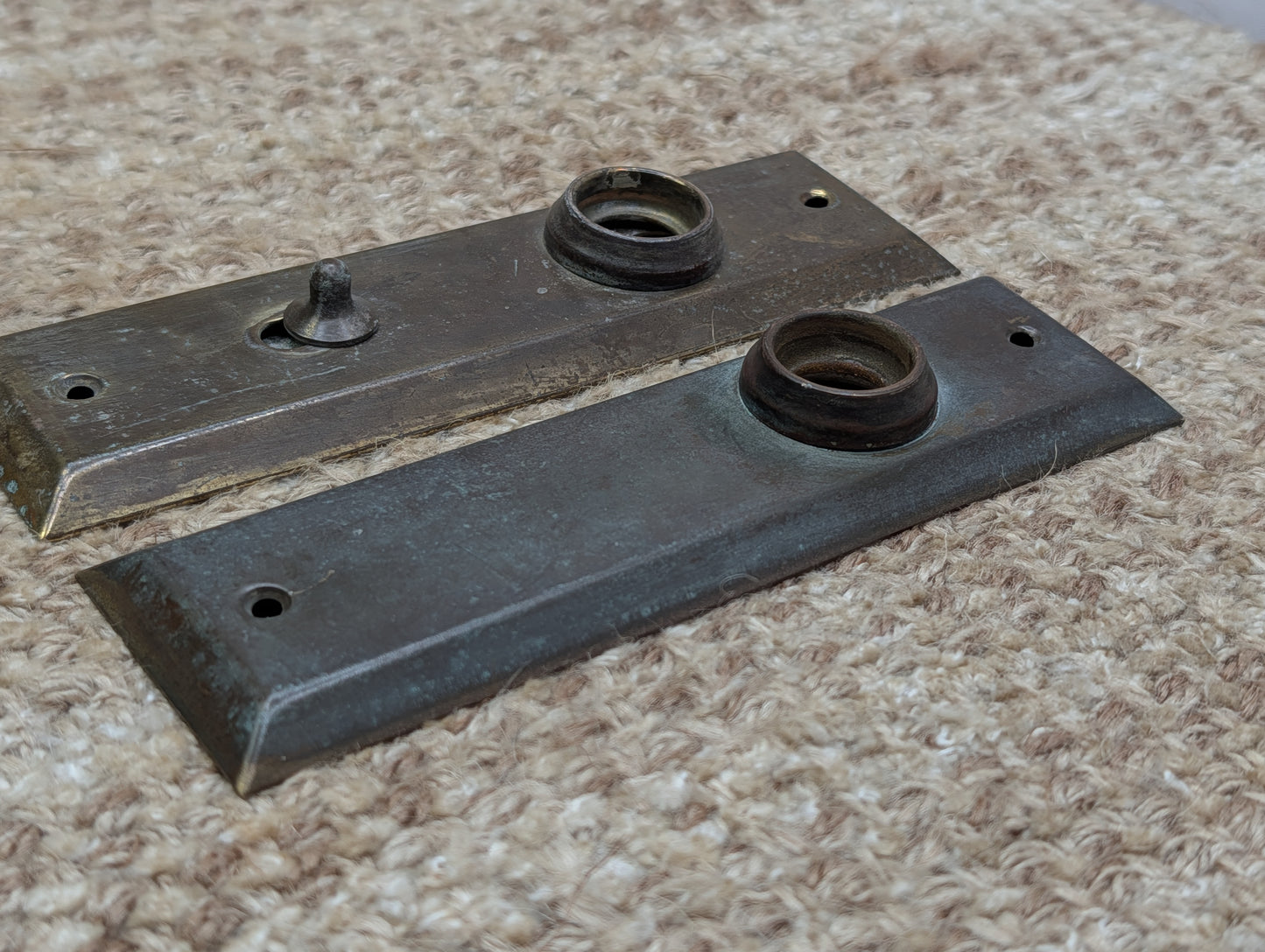 Pair 1 5/8" x 5 7/8" Antique Slide Lock Brass Door Knob Plates