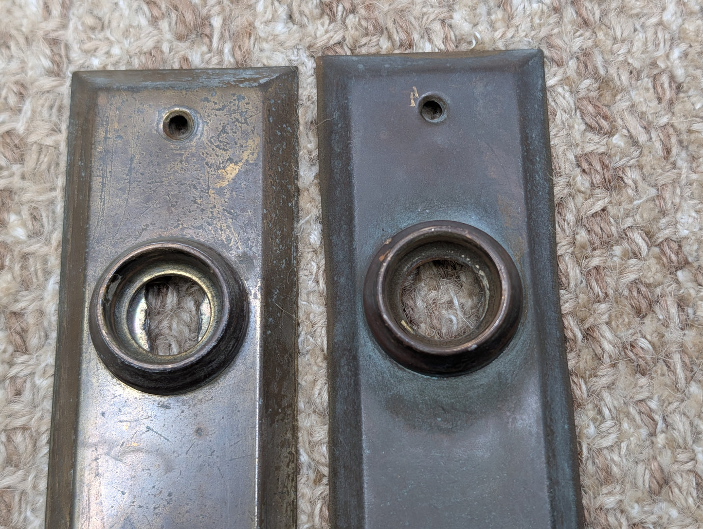Pair 1 5/8" x 5 7/8" Antique Slide Lock Brass Door Knob Plates