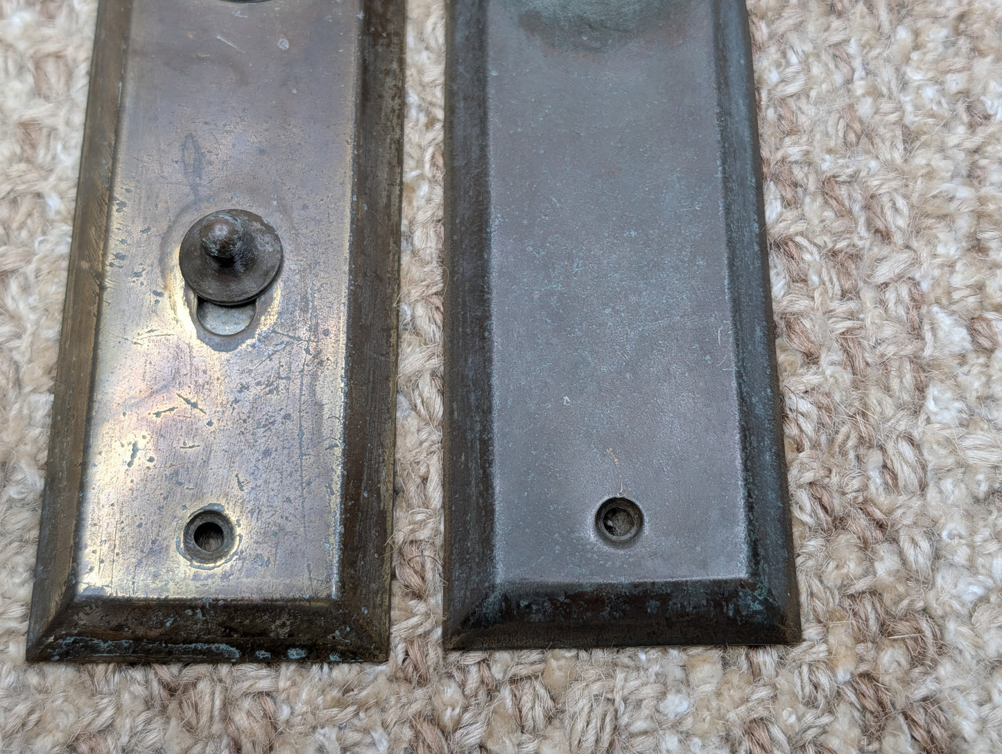 Pair 1 5/8" x 5 7/8" Antique Slide Lock Brass Door Knob Plates