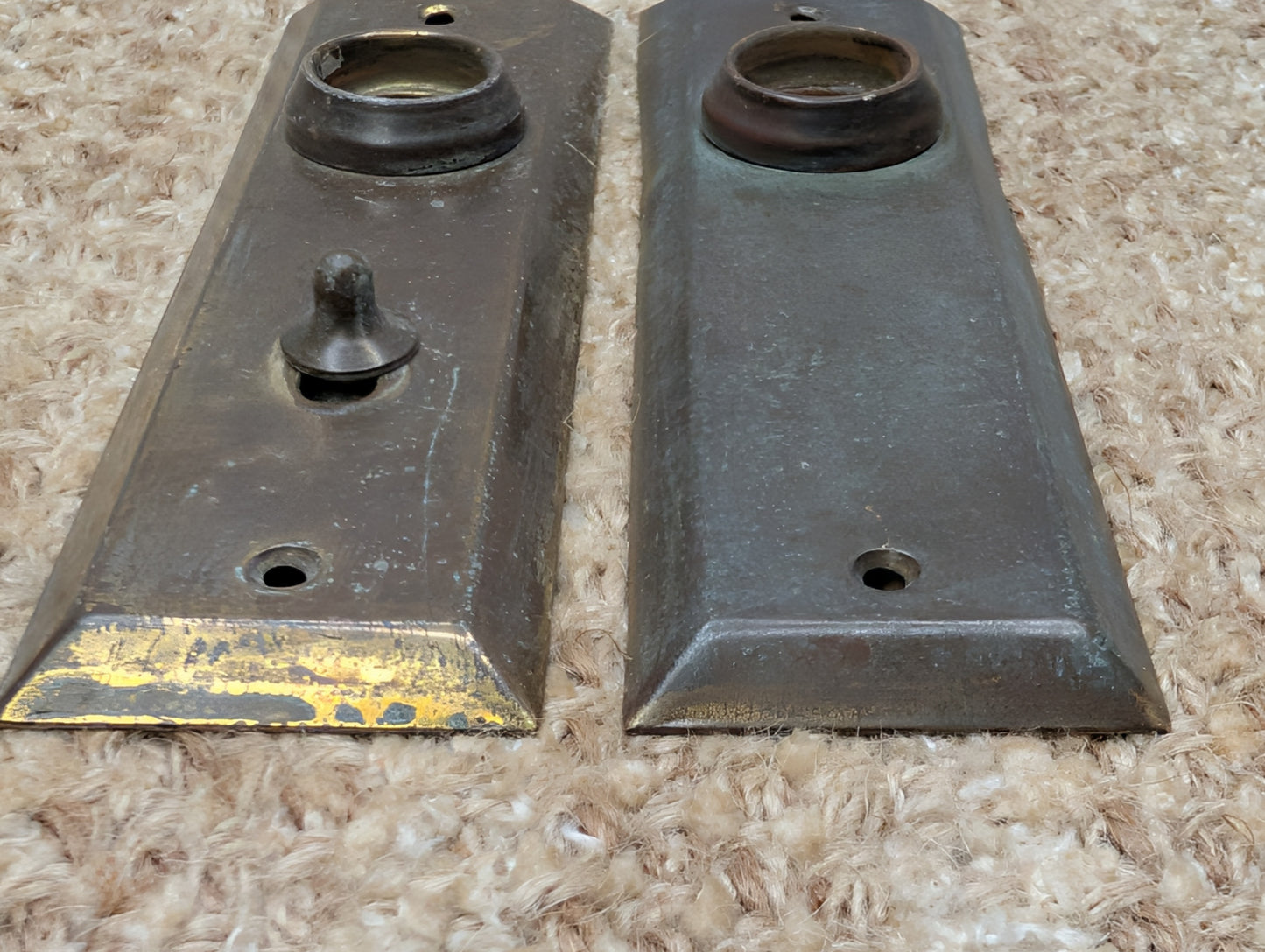 Pair 1 5/8" x 5 7/8" Antique Slide Lock Brass Door Knob Plates