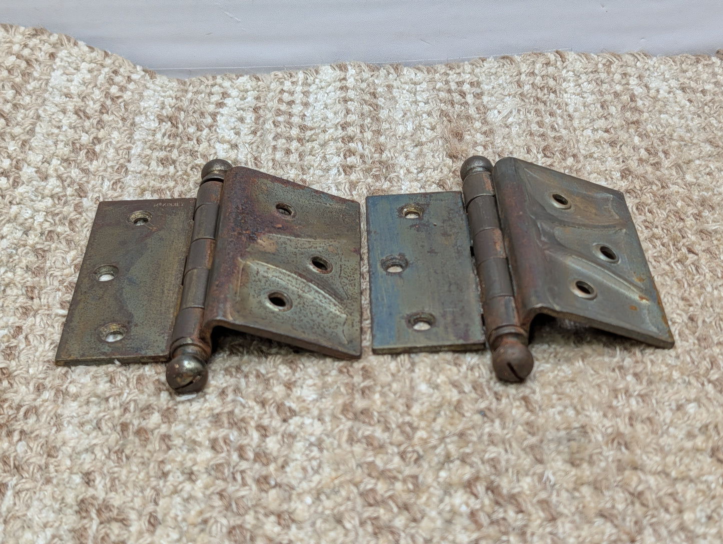 Pair 4" x 3 1/2" Antique McKinney Offset Surface Mount Left Swing Ball Tip Door Hinges