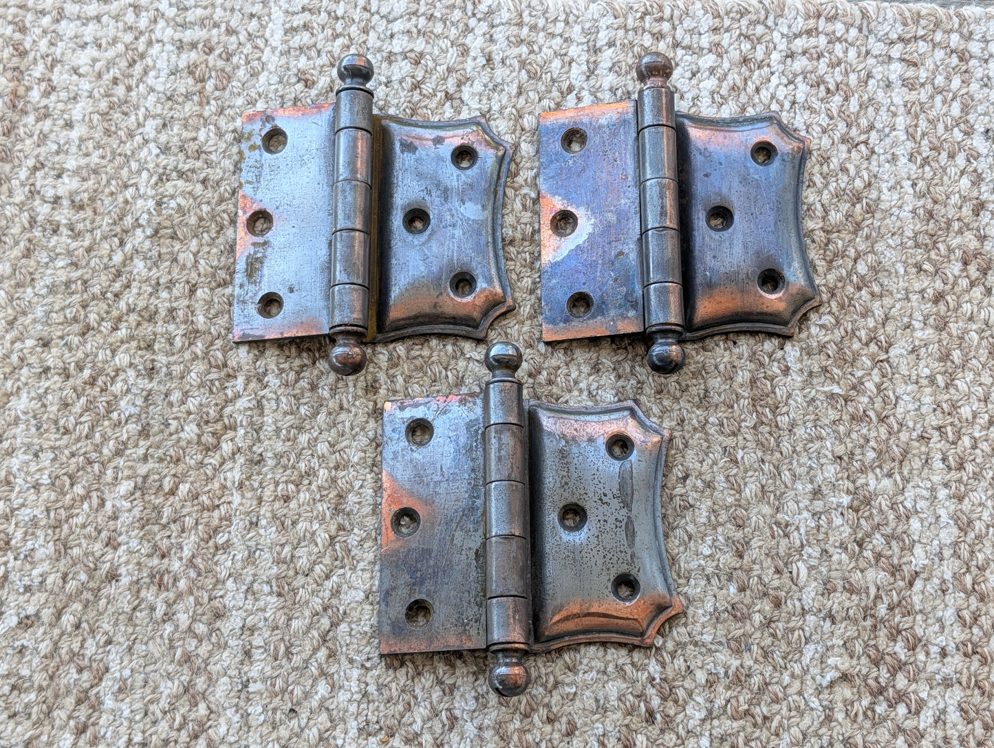 Set of 3 Antique 4" x 3 1/2" Ball Tip Off Set Door Hinge Original Steel Hardware