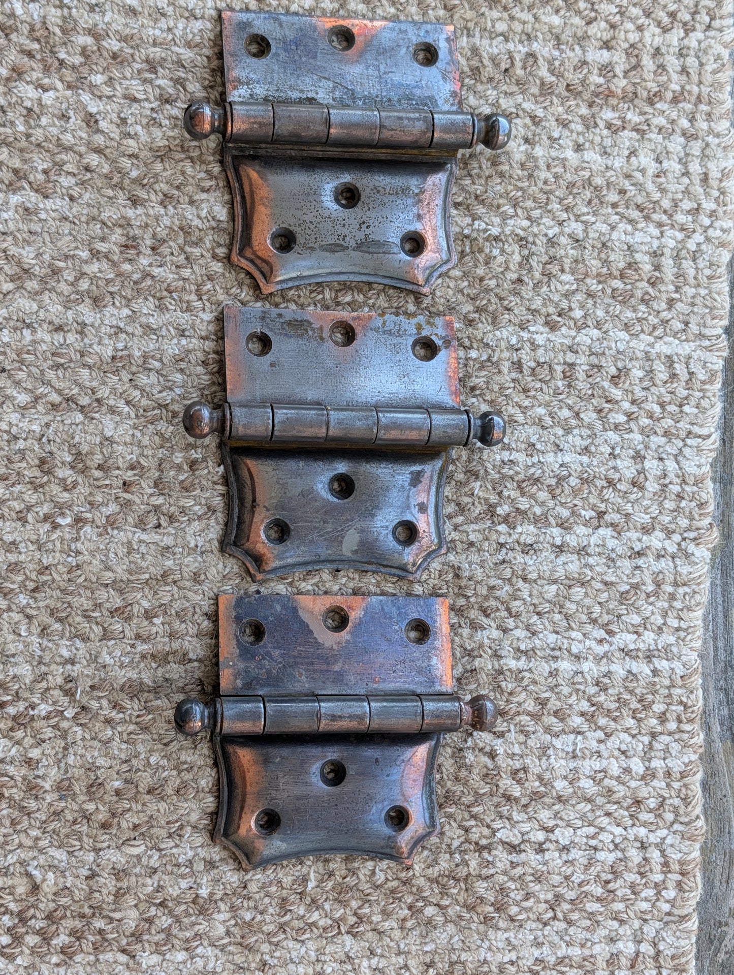 Set of 3 Antique 4" x 3 1/2" Ball Tip Off Set Door Hinge Original Steel Hardware