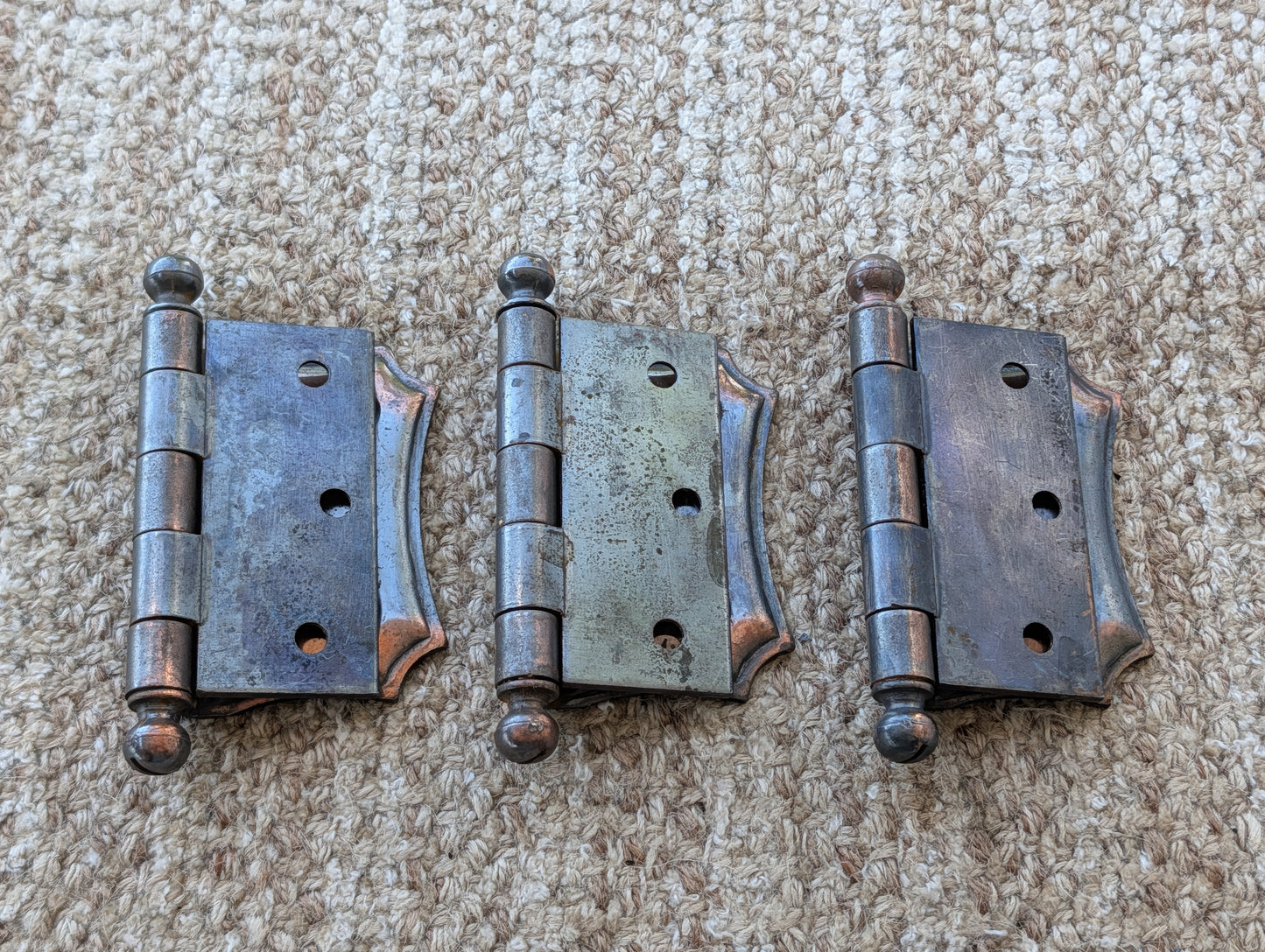 Set of 3 Antique 4" x 3 1/2" Ball Tip Off Set Door Hinge Original Steel Hardware