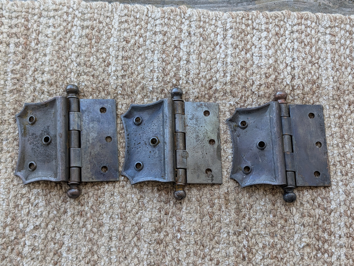 Set of 3 Antique 4" x 3 1/2" Ball Tip Off Set Door Hinge Original Steel Hardware