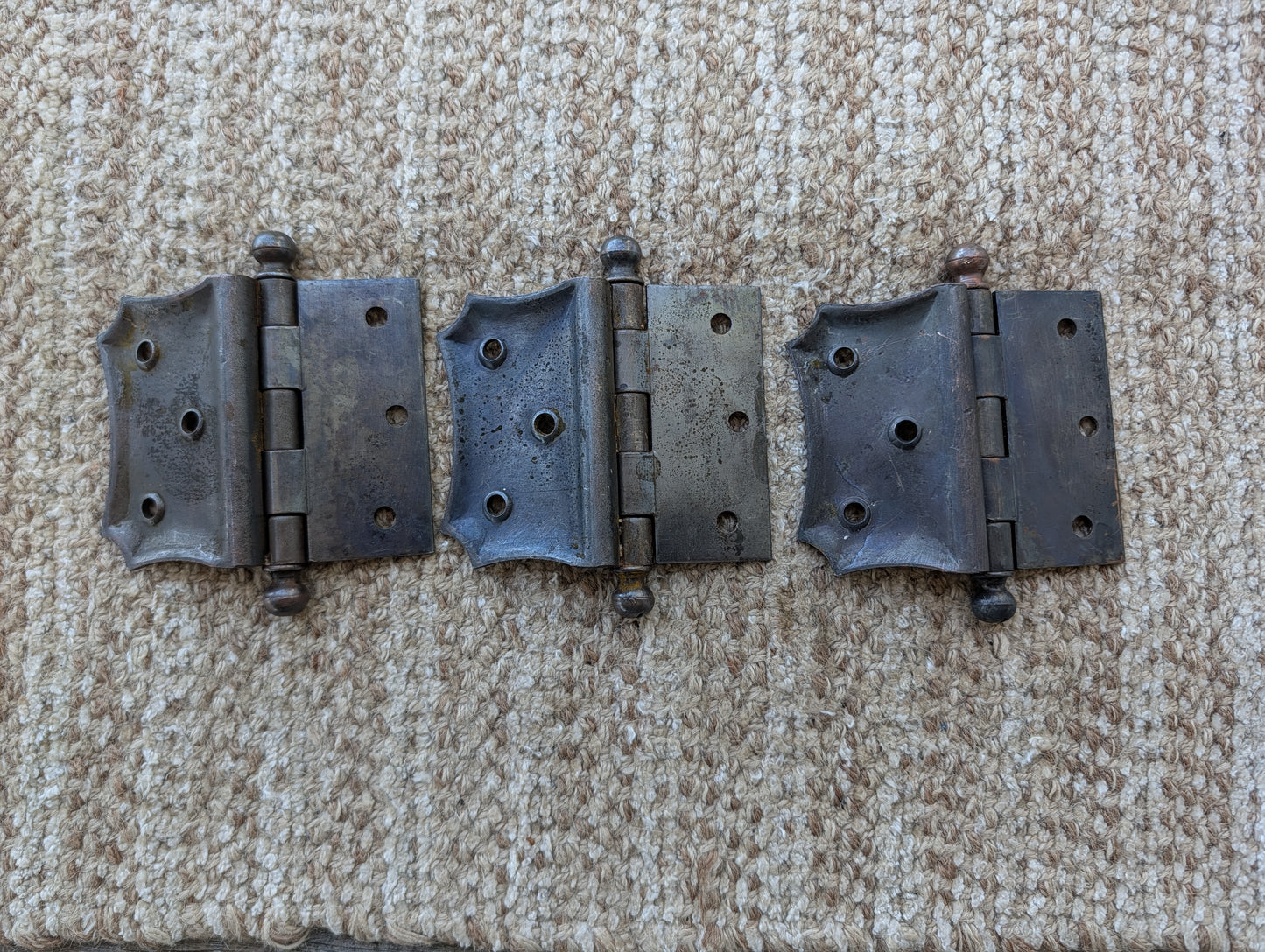 Set of 3 Antique 4" x 3 1/2" Ball Tip Off Set Door Hinge Original Steel Hardware