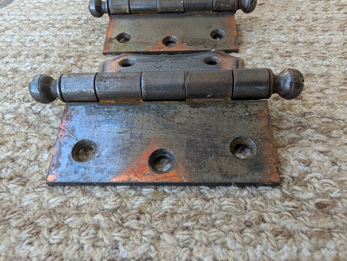 Set of 3 Antique 4" x 3 1/2" Ball Tip Off Set Door Hinge Original Steel Hardware