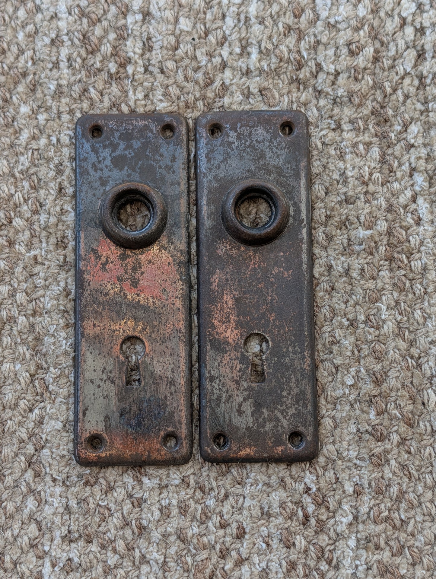Pair Of Antique 1 7/8" x 5 3/4" Steel Door Knob Plate Hardware