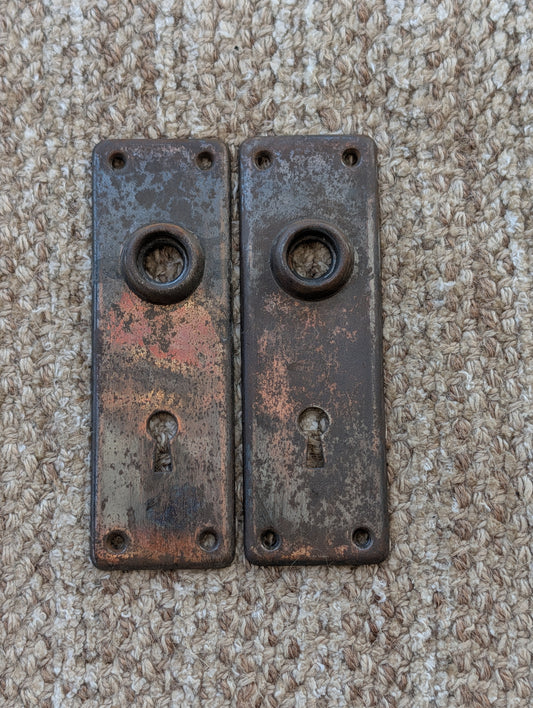 Pair Of Antique 1 7/8" x 5 3/4" Steel Door Knob Plate Hardware