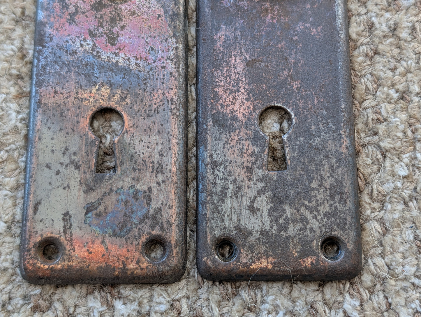 Pair Of Antique 1 7/8" x 5 3/4" Steel Door Knob Plate Hardware