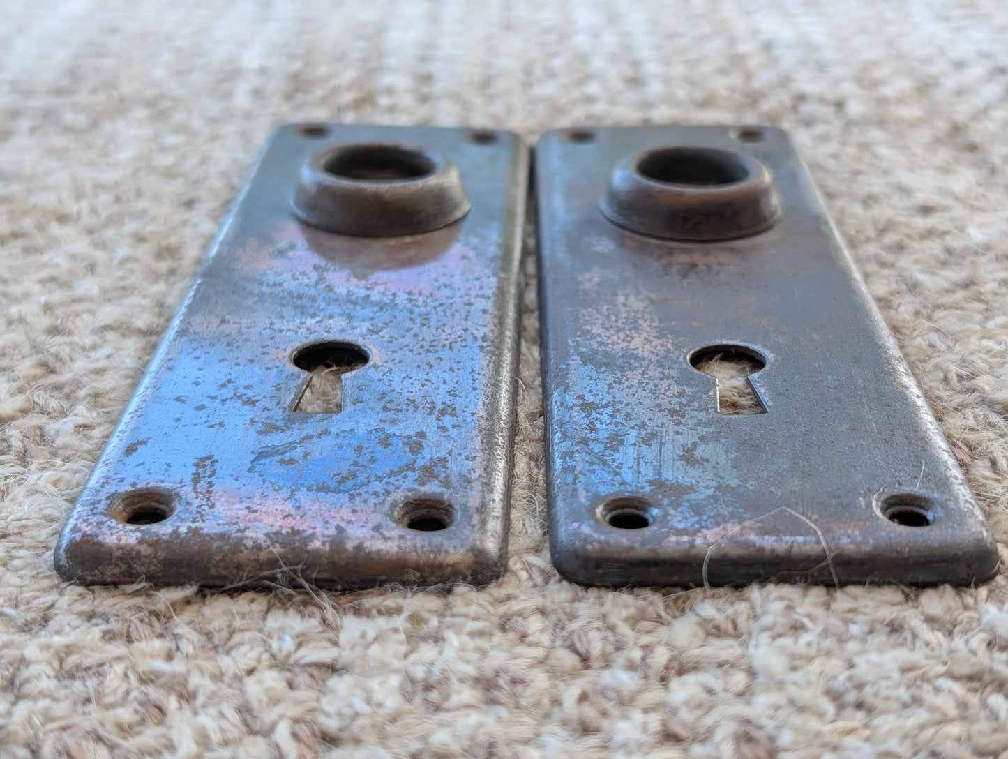 Pair Of Antique 1 7/8" x 5 3/4" Steel Door Knob Plate Hardware