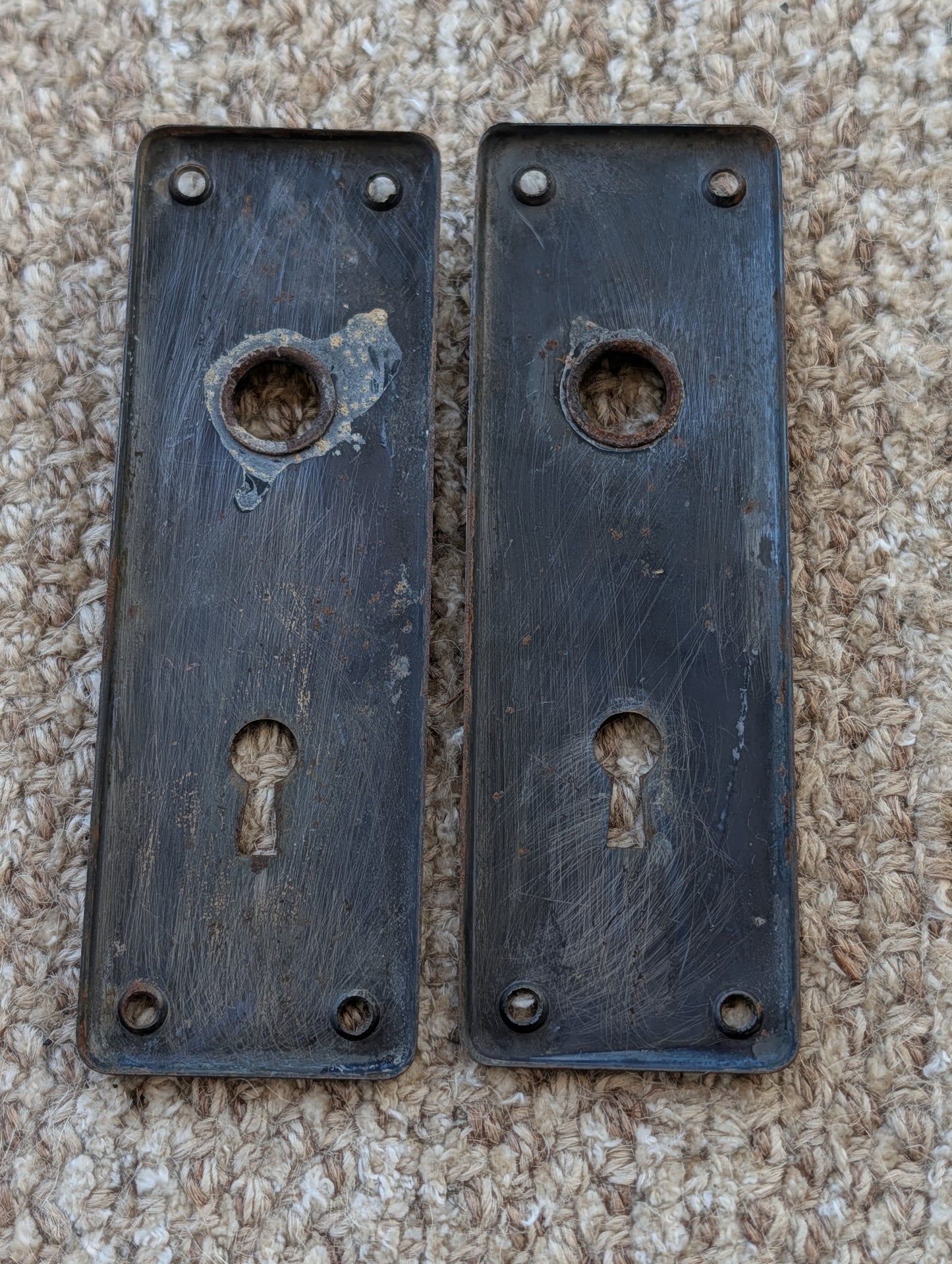 Pair Of Antique 1 7/8" x 5 3/4" Steel Door Knob Plate Hardware