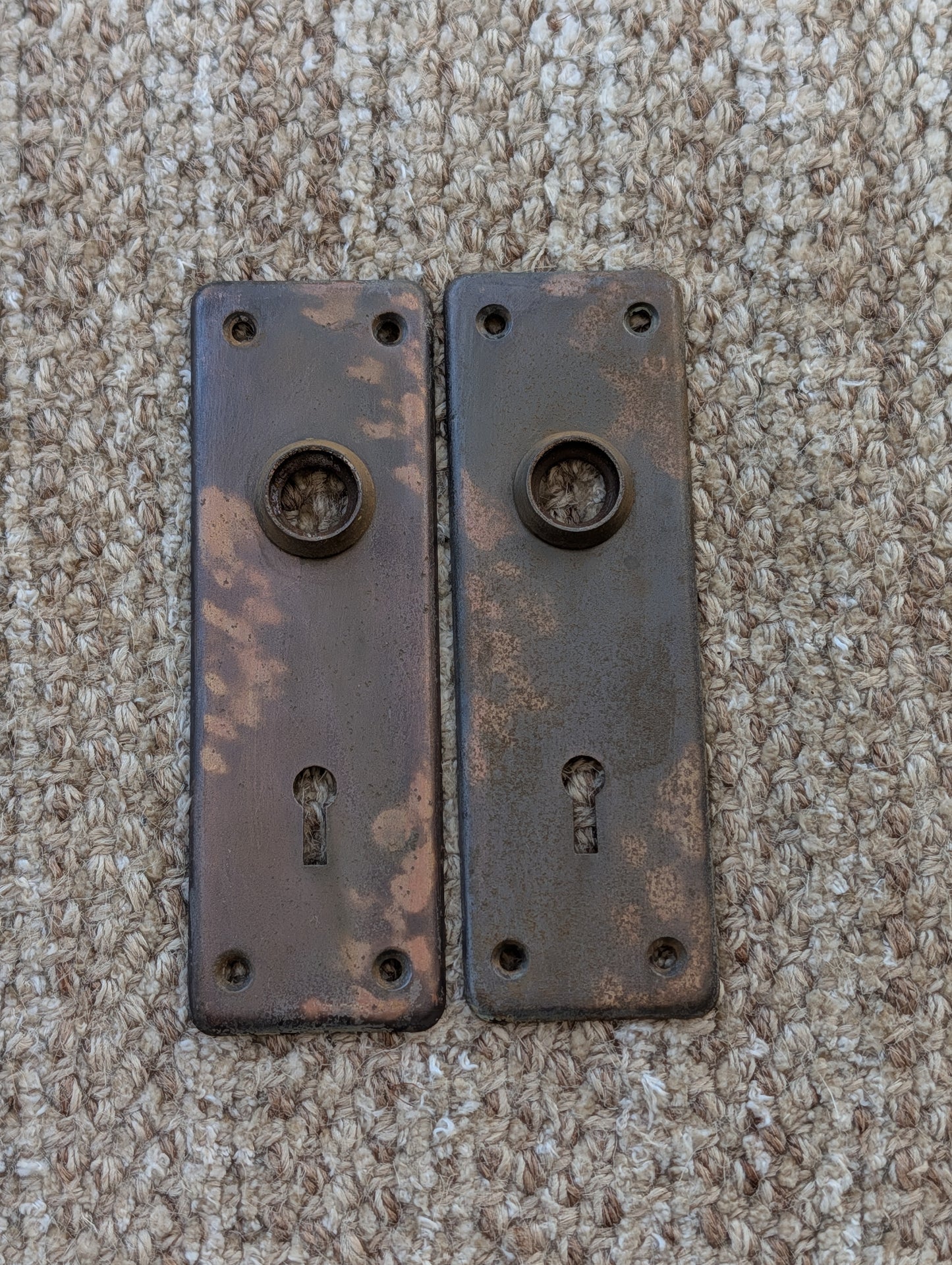 Pair Of Antique 1 7/8" x 5 3/4" Steel Door Knob Plate Hardware #345