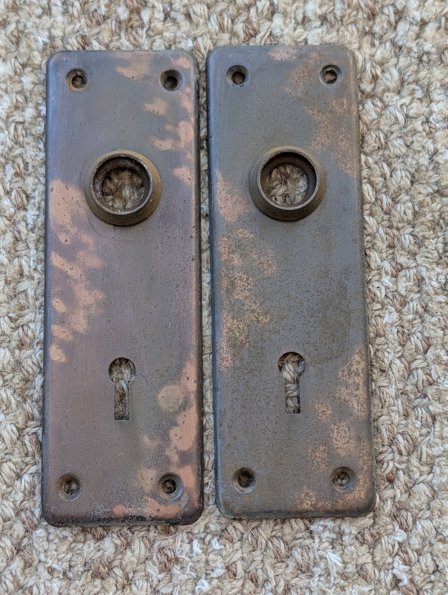 Pair Of Antique 1 7/8" x 5 3/4" Steel Door Knob Plate Hardware #345