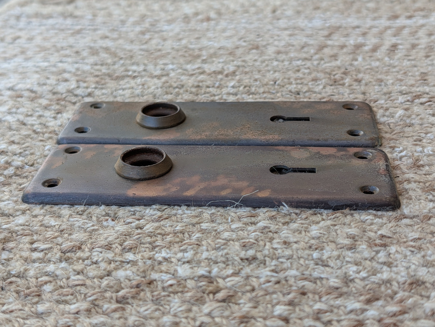 Pair Of Antique 1 7/8" x 5 3/4" Steel Door Knob Plate Hardware #345