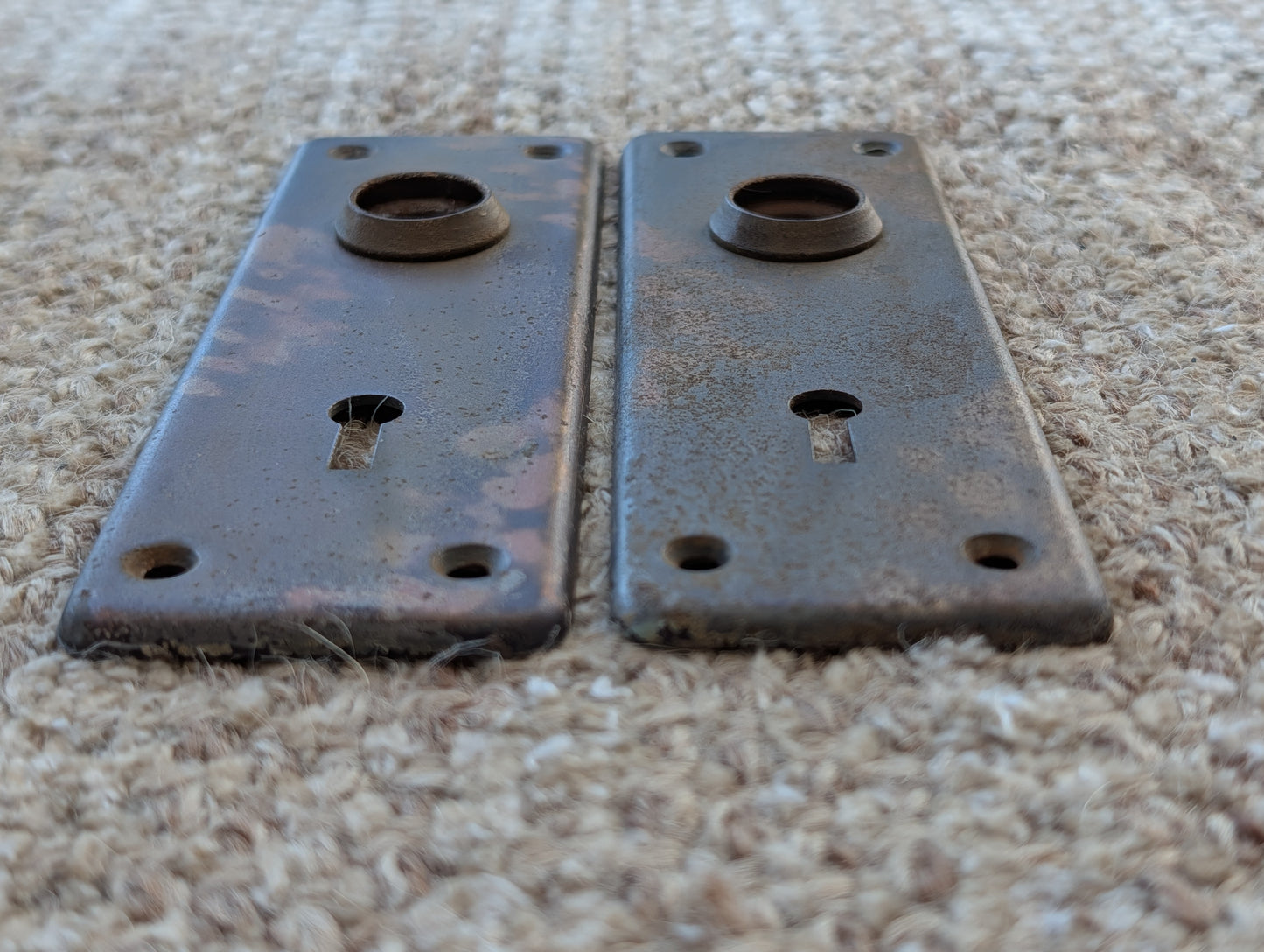 Pair Of Antique 1 7/8" x 5 3/4" Steel Door Knob Plate Hardware #345